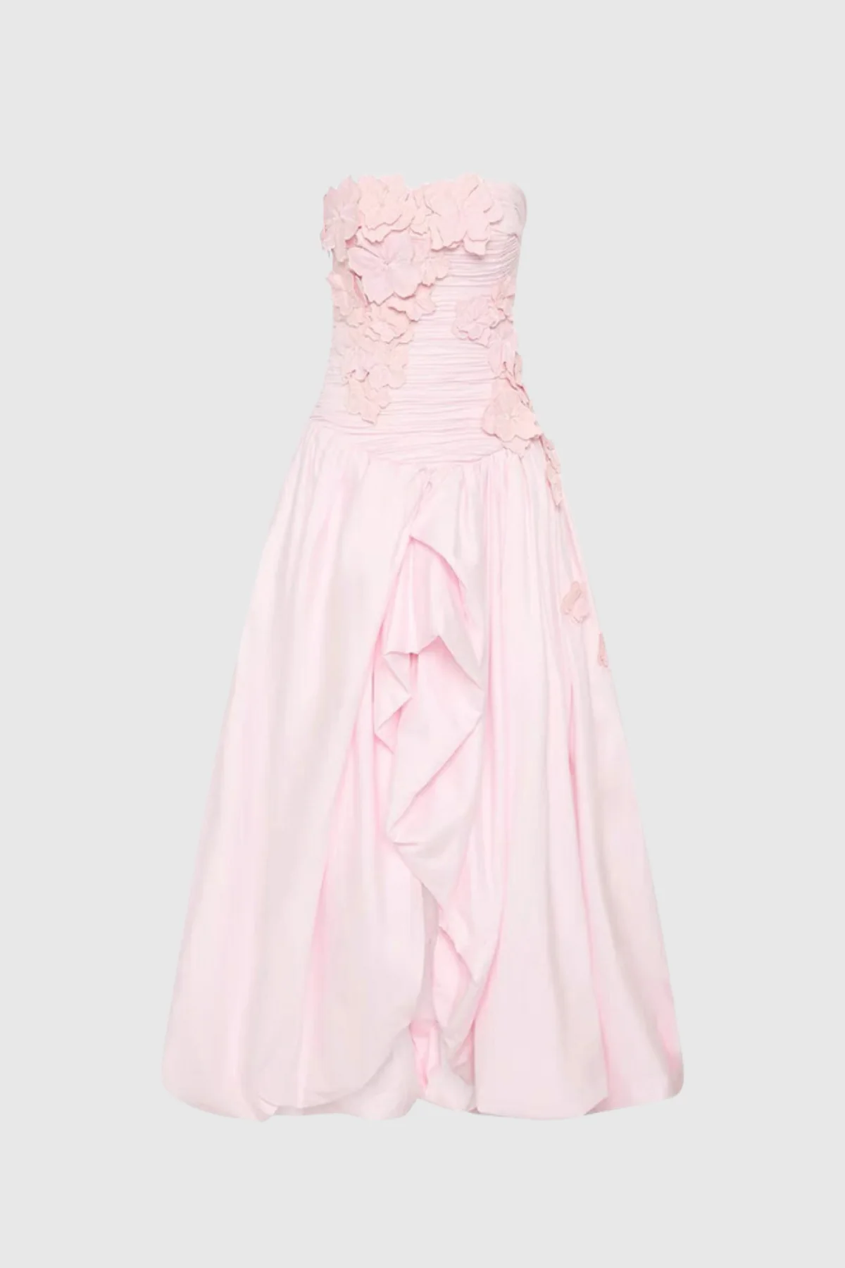 White Strapless Floral Ruched Puffy Maxi Dress