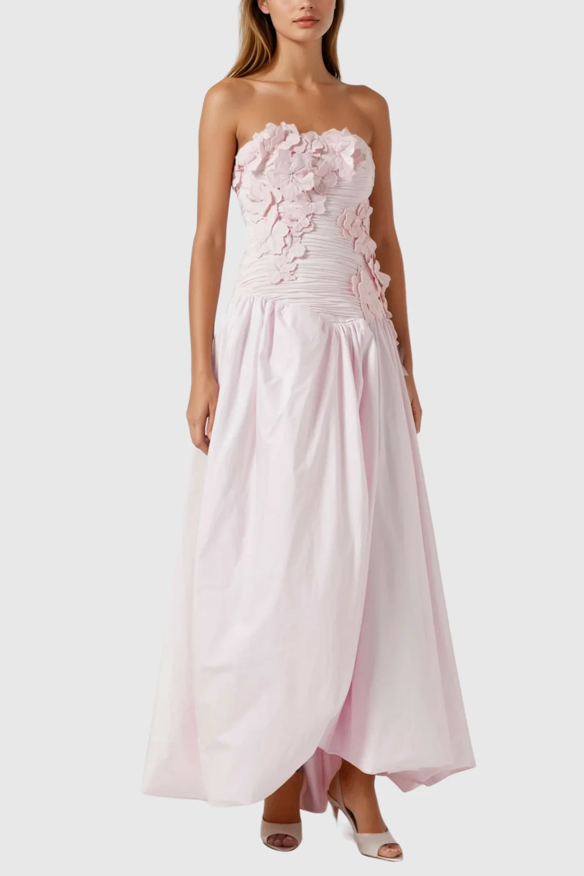 White Strapless Floral Ruched Puffy Maxi Dress
