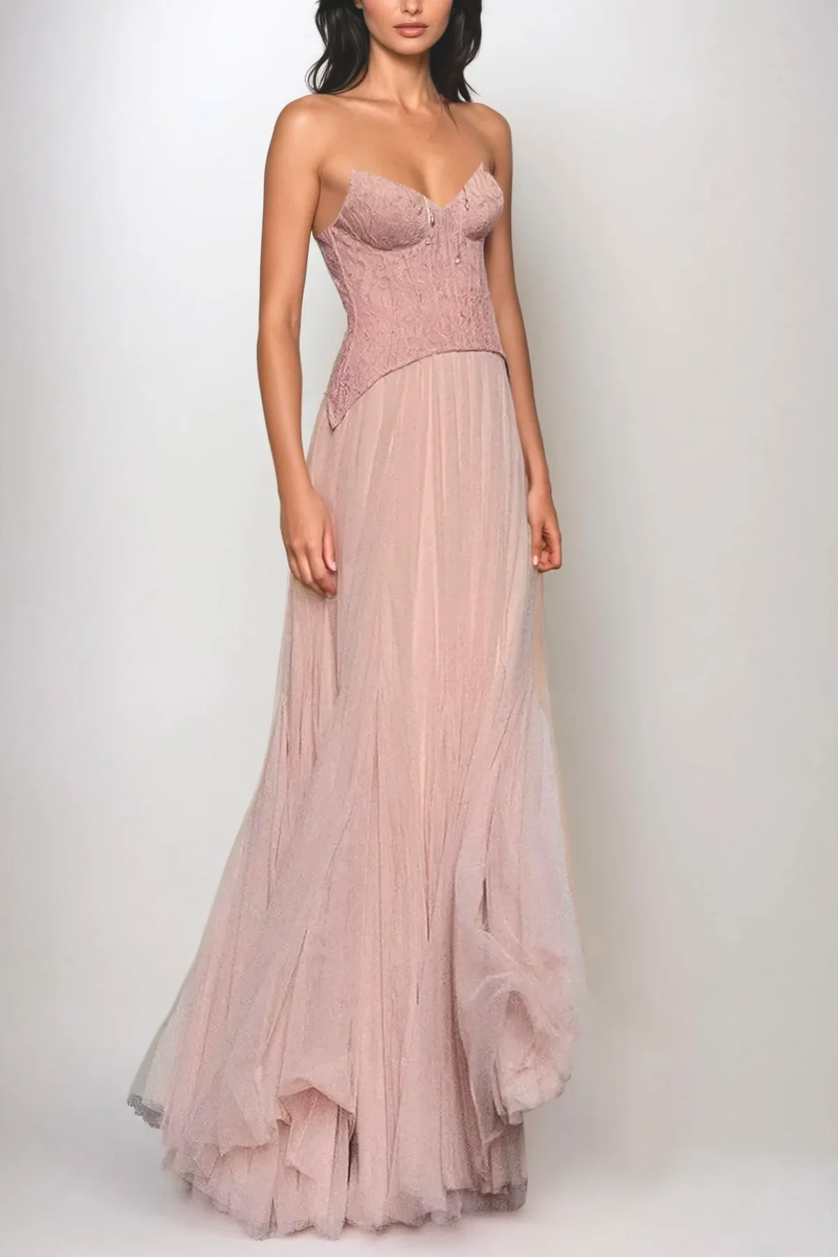 Blush Lace Corset Tulle Dress - Elegant Formal Wear