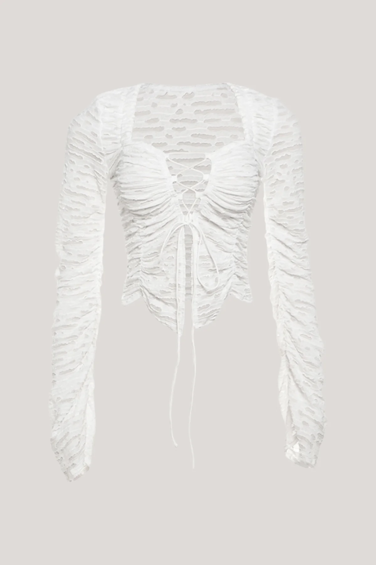 White Lace-Up Drawstring Top for Women - Trendy Ruched Design