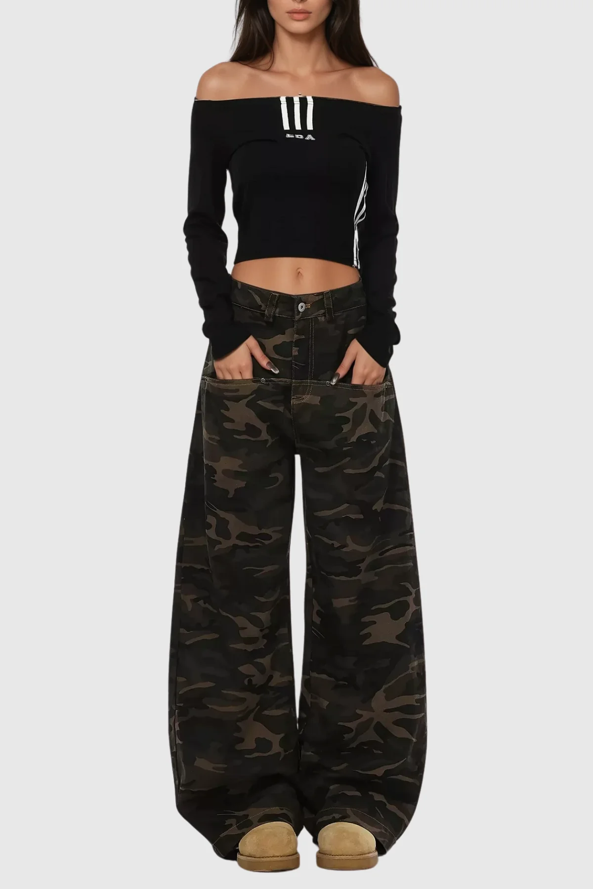 Camouflage Print Curved Leg Jeans in Urban Edge Style
