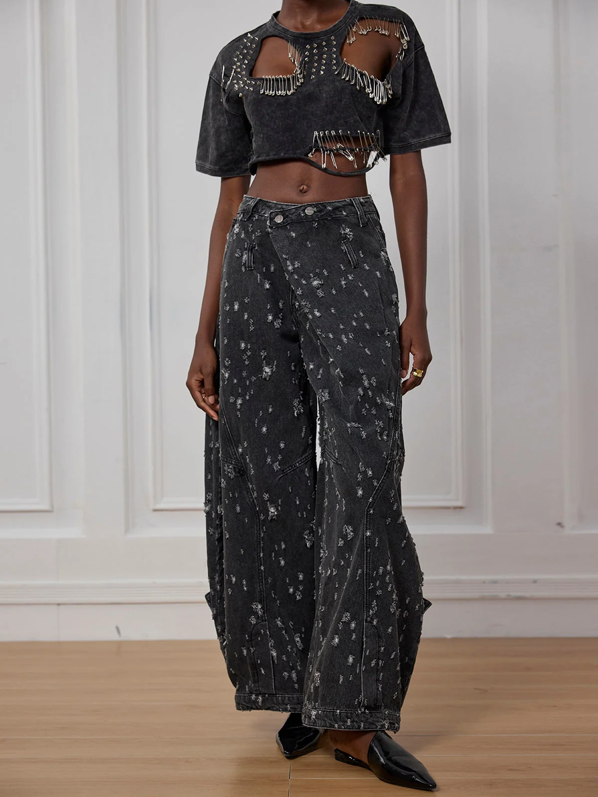 Black Asymmetric Torn Jeans | Stylish Edge for Fashion Enthusiasts