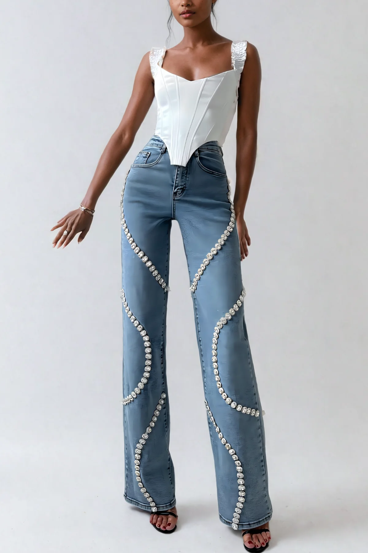 Rhinestone Stripe Denim Jeans in Blue