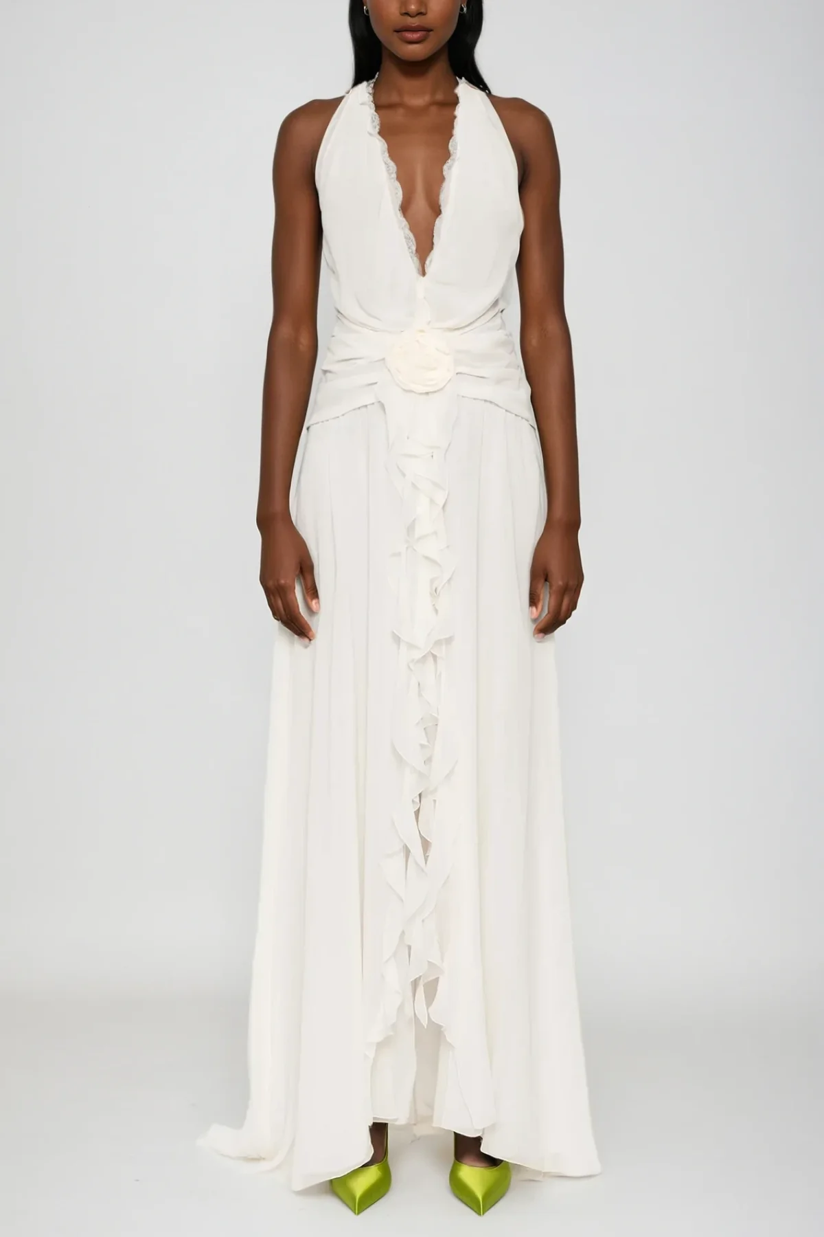 White Floral Halter Neck Mesh Maxi Dress