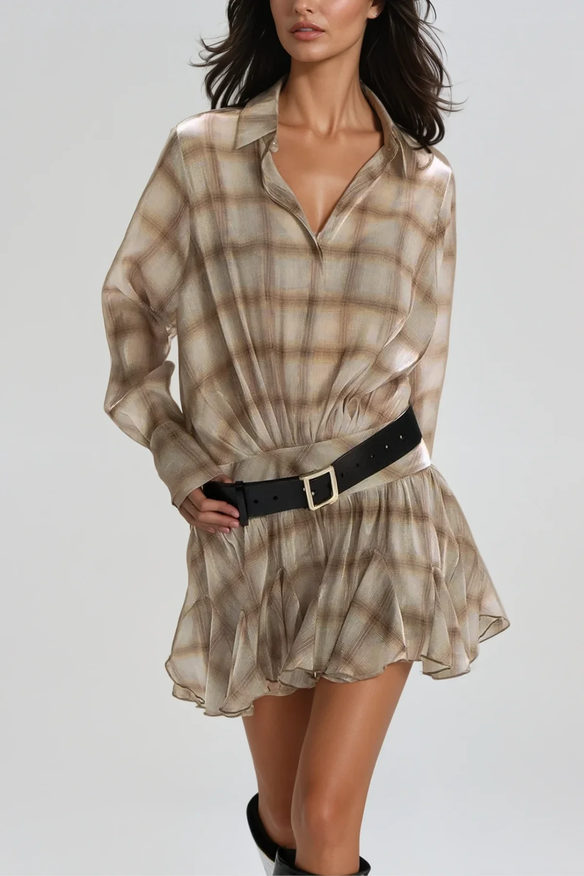 Khaki Grid Mesh Ruffle Mini Dress