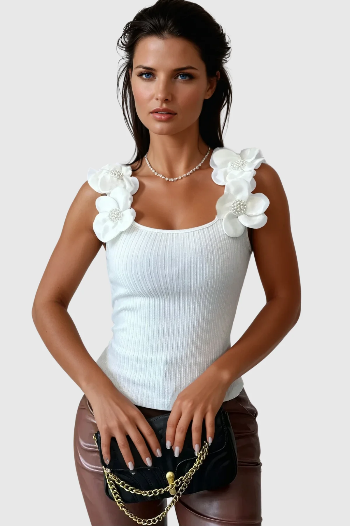 Sleeveless Pearl Knit Top with Arduin Flower Design