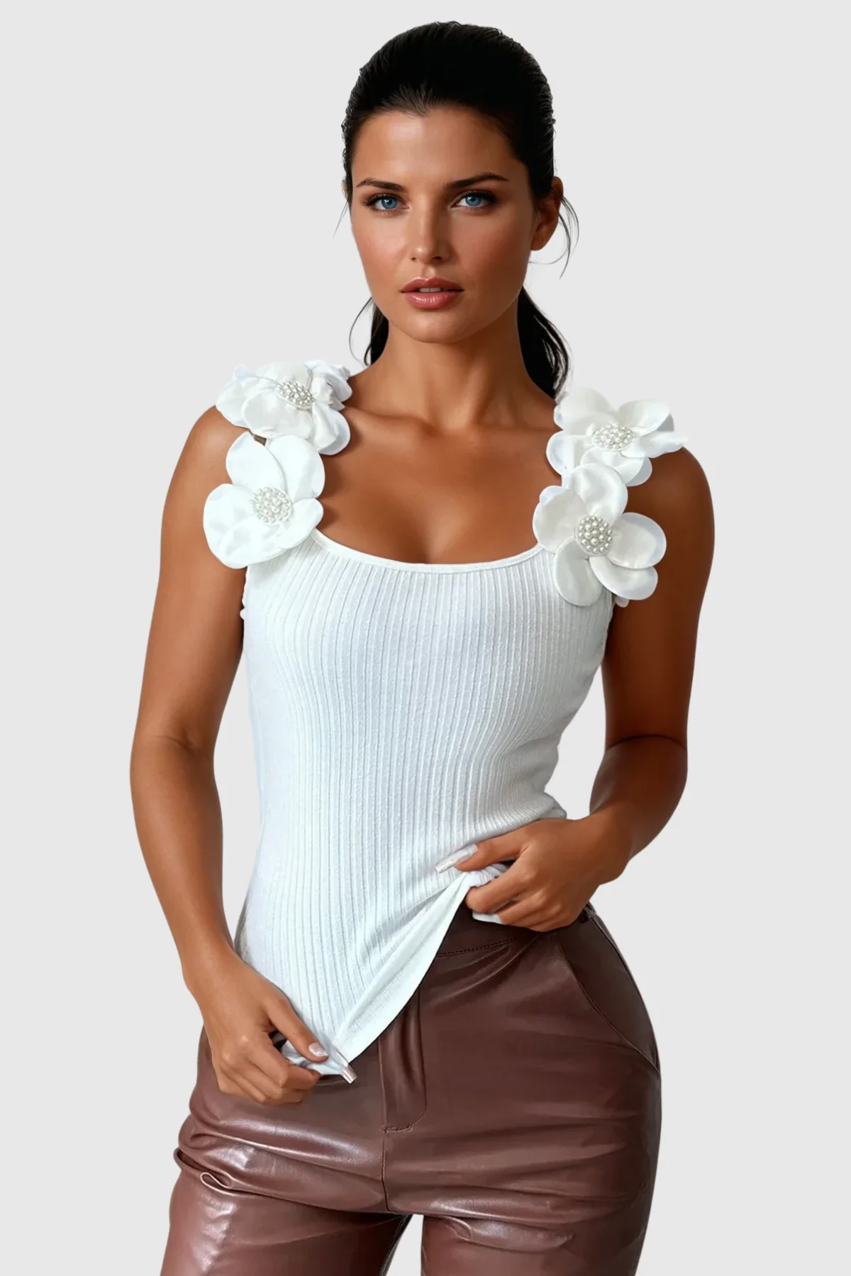 Sleeveless Pearl Knit Top with Arduin Flower Design