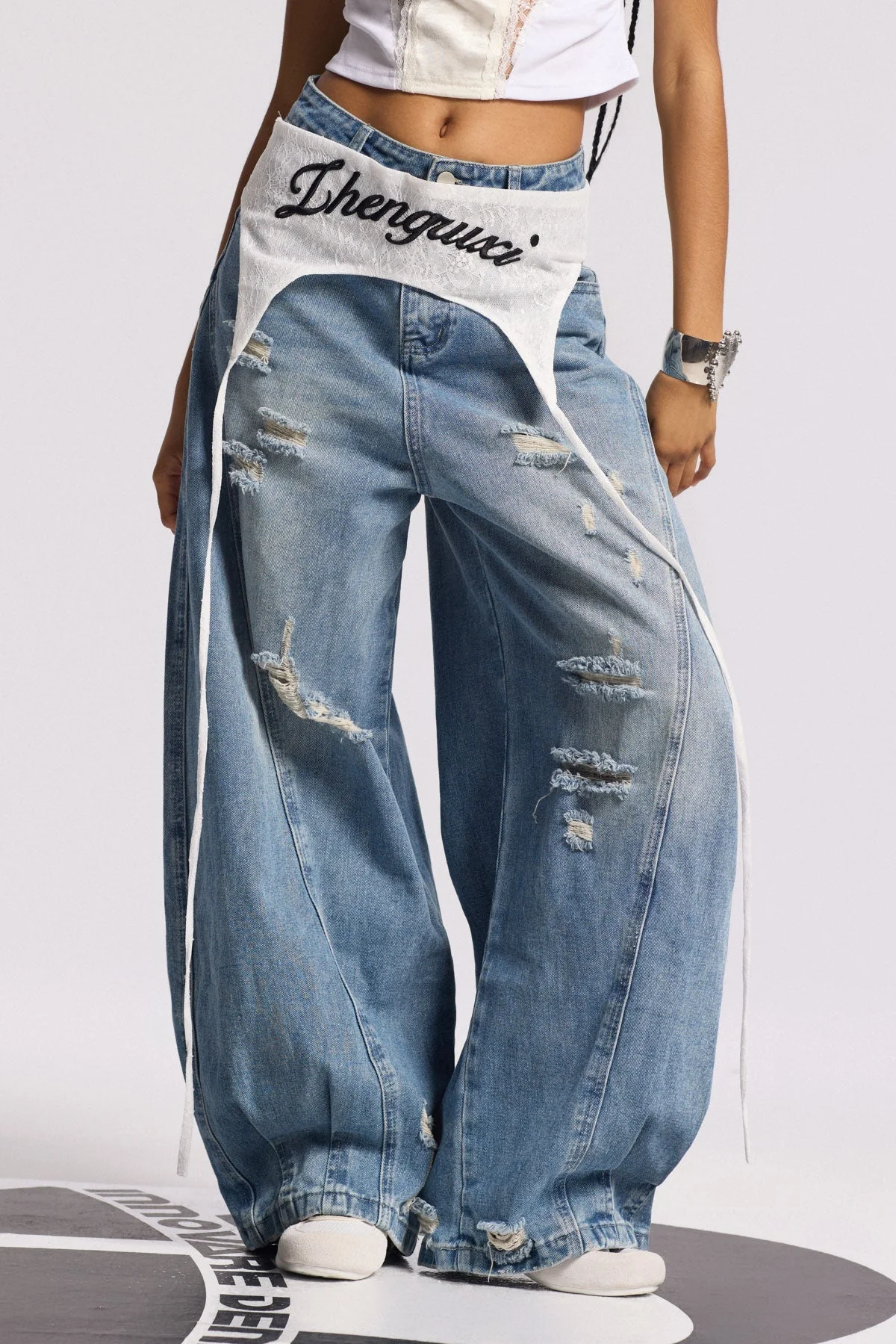 Blue Asymmetric Deconstruct Wide Leg Denim Jeans