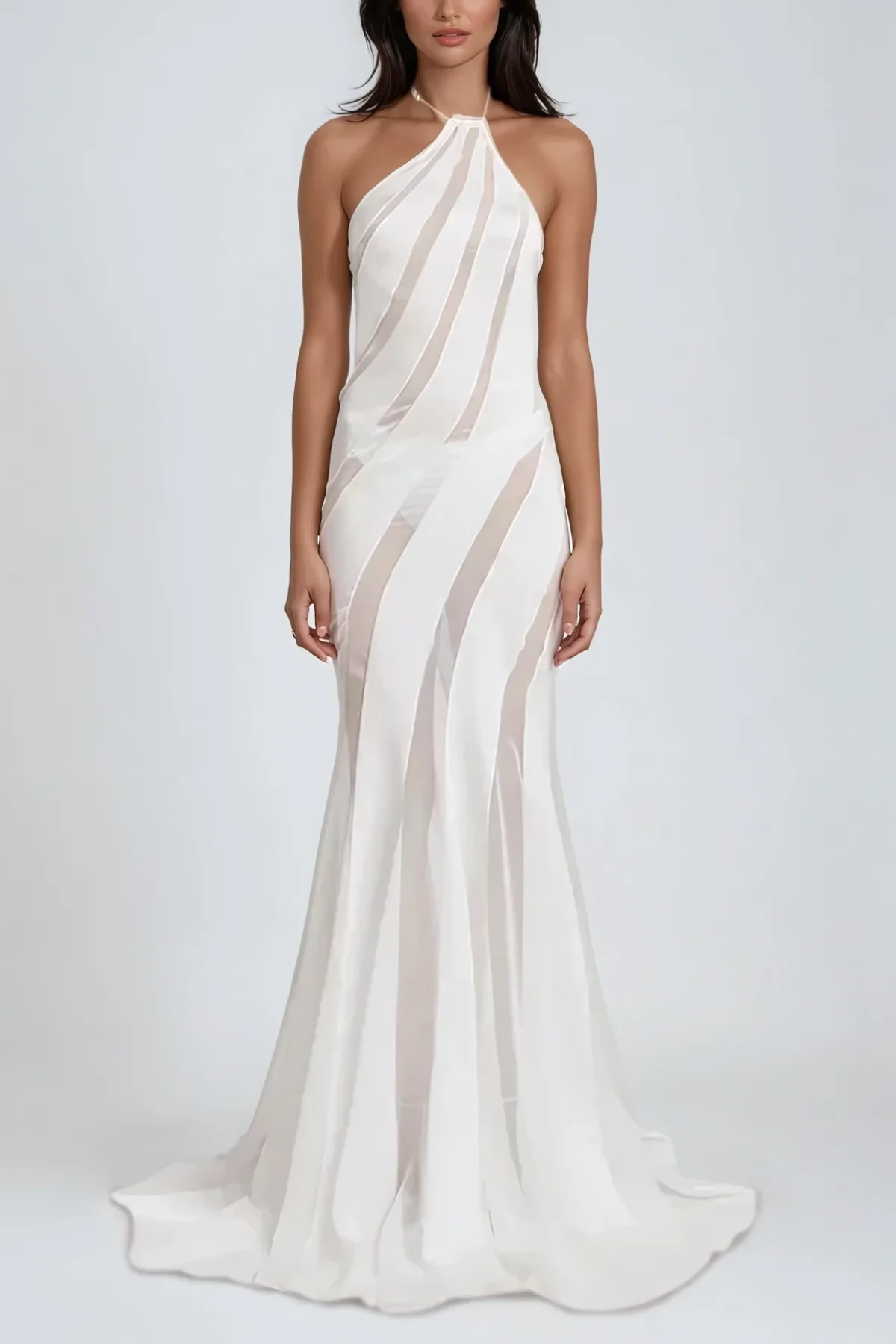 White Halter Neck Satin Maxi Dress - Elegant Formal Attire
