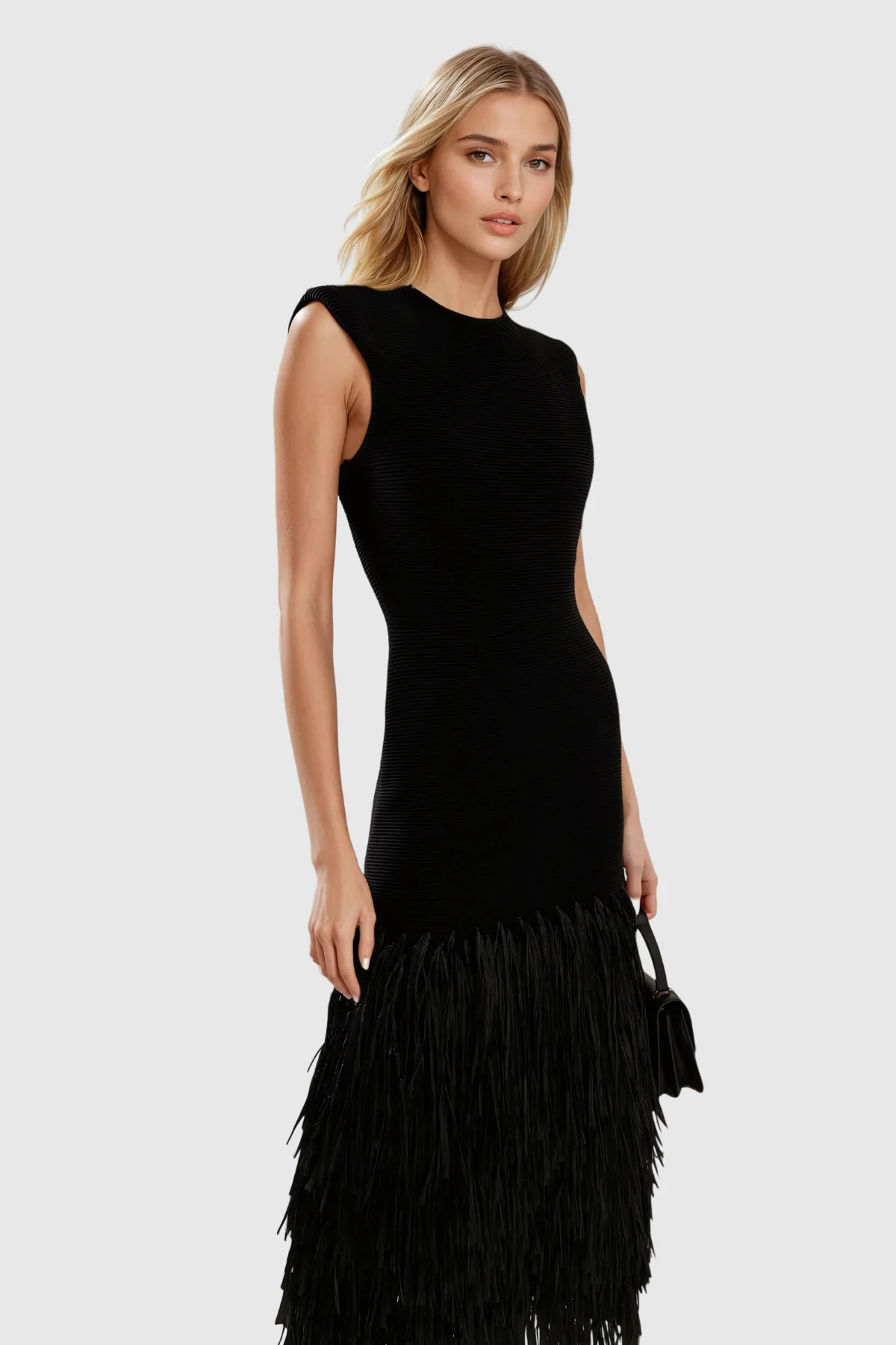 Chic Fringe Detail Maxi Dress in Black