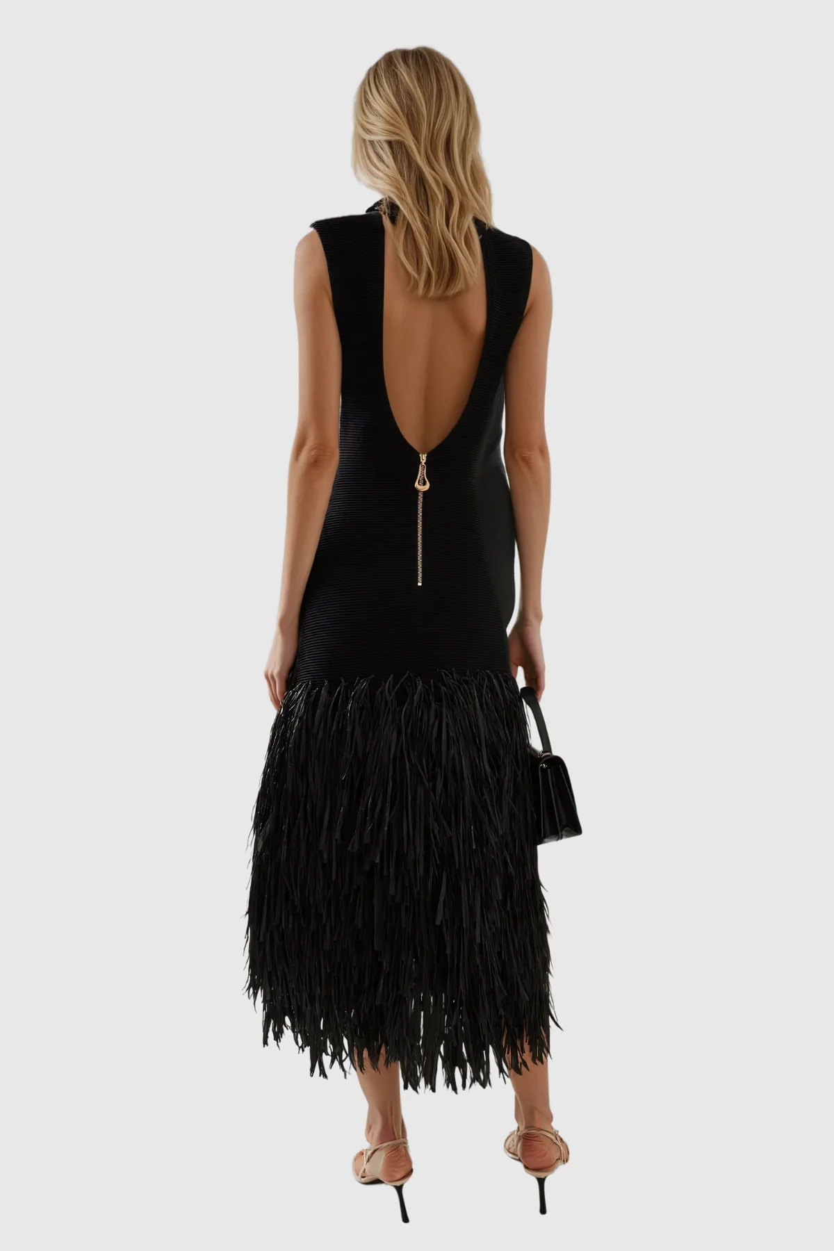 Chic Fringe Detail Maxi Dress in Black