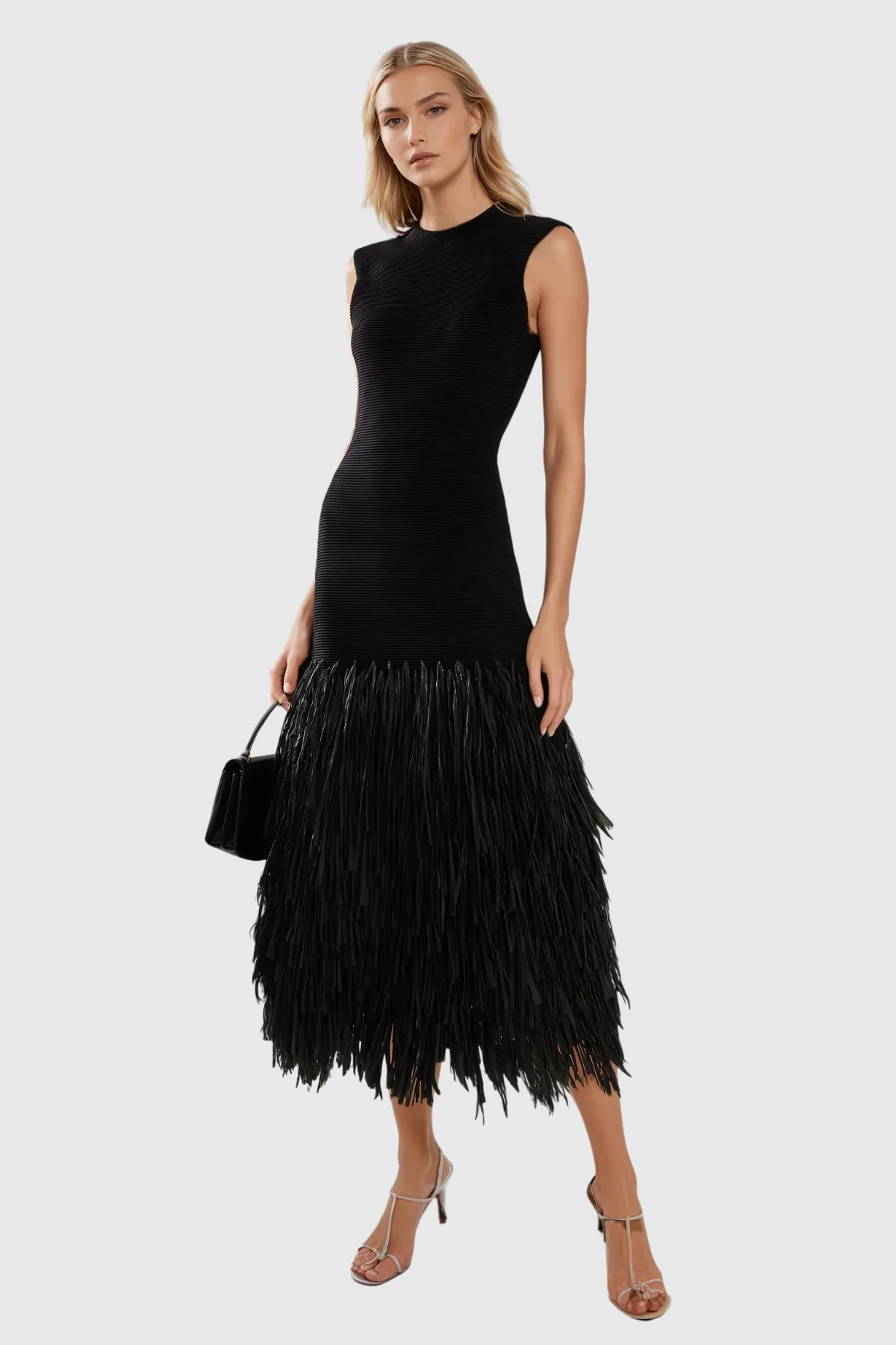 Chic Fringe Detail Maxi Dress in Black