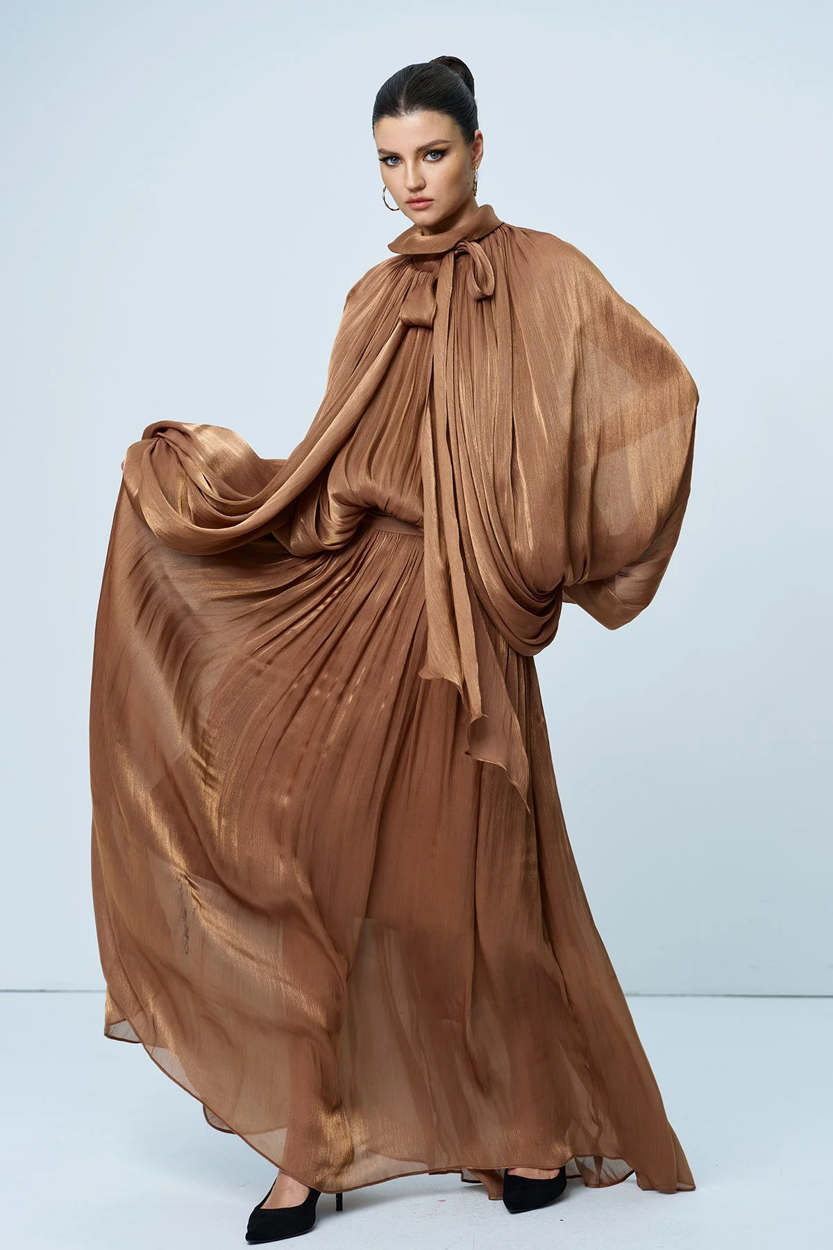 Boho Ruched Lace-Up Maxi Dress Brown