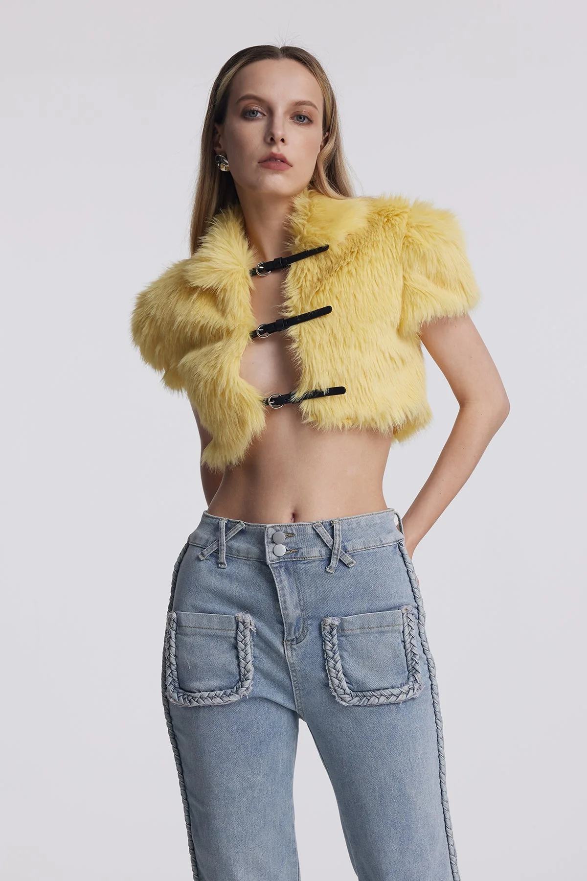 Yellow Faux Fur Cutout Crop Top