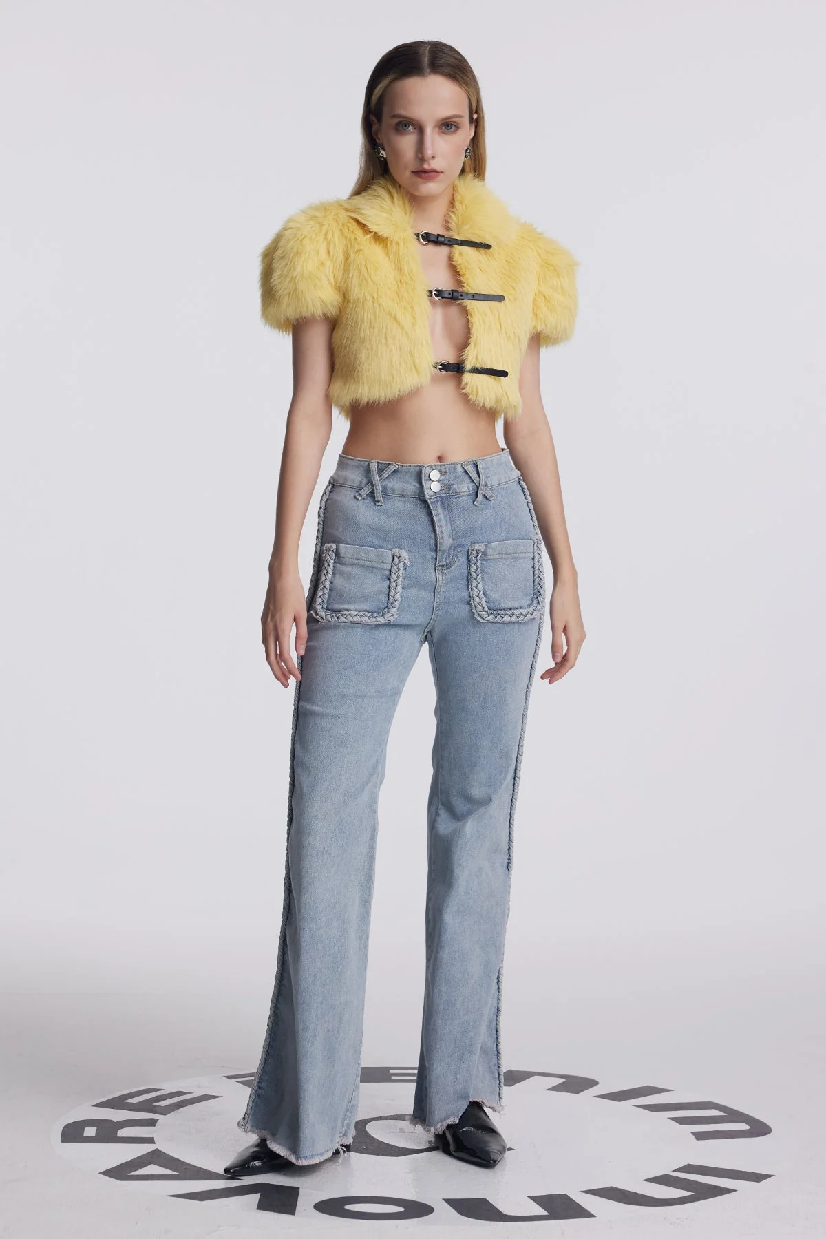 Yellow Faux Fur Cutout Crop Top