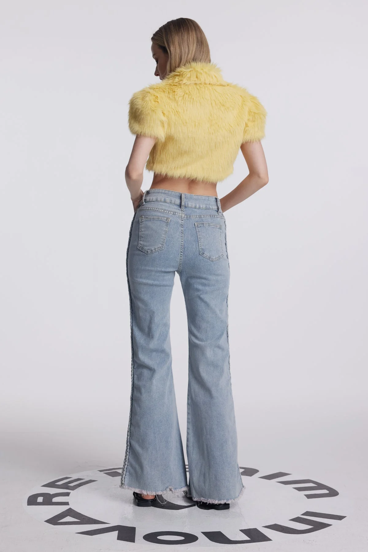 Yellow Faux Fur Cutout Crop Top