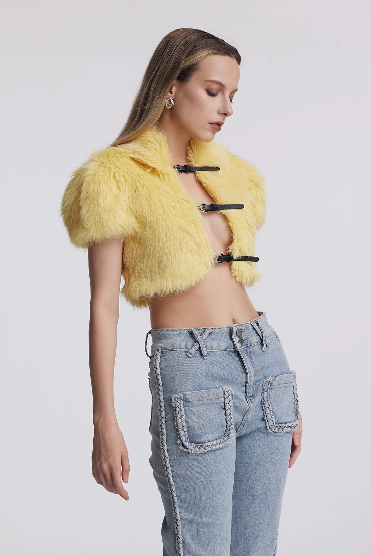 Yellow Faux Fur Cutout Crop Top
