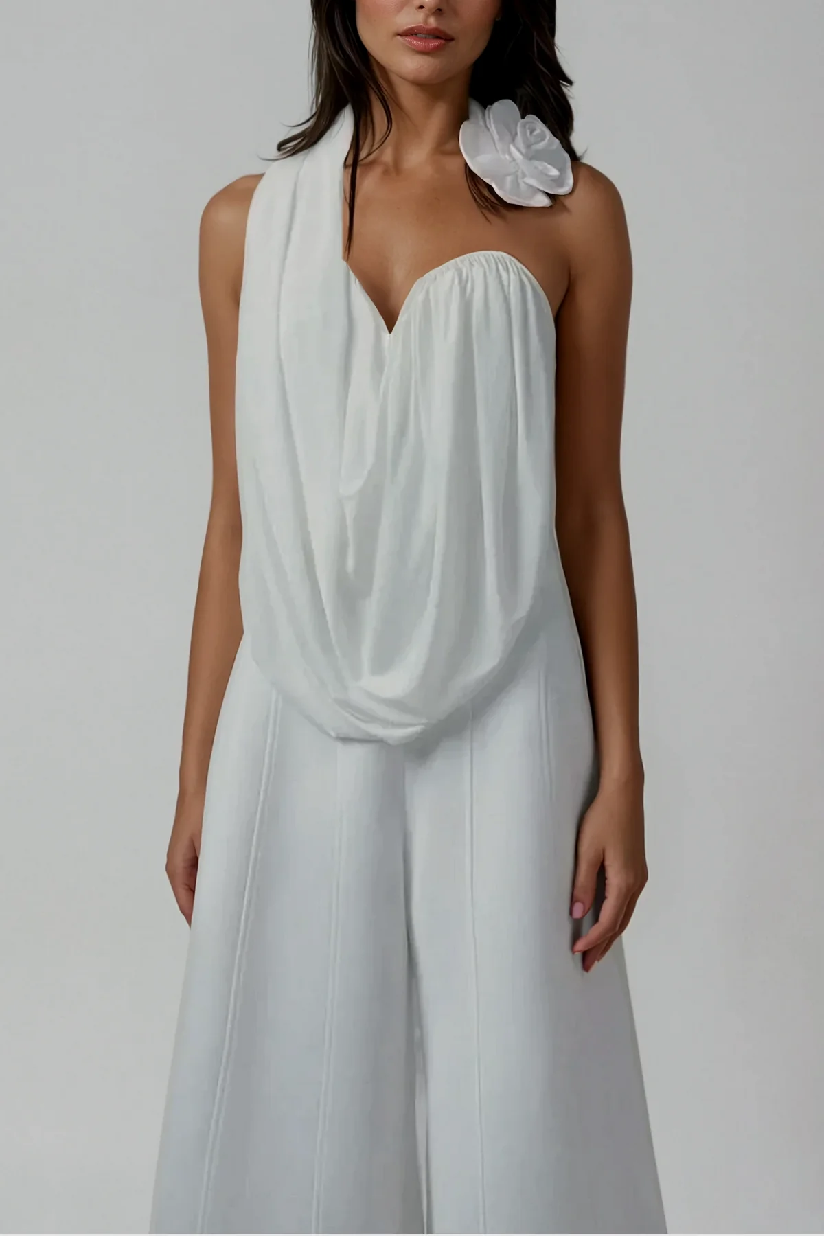 Floral Asymmetric Ruched Top in White - Elegant & Versatile