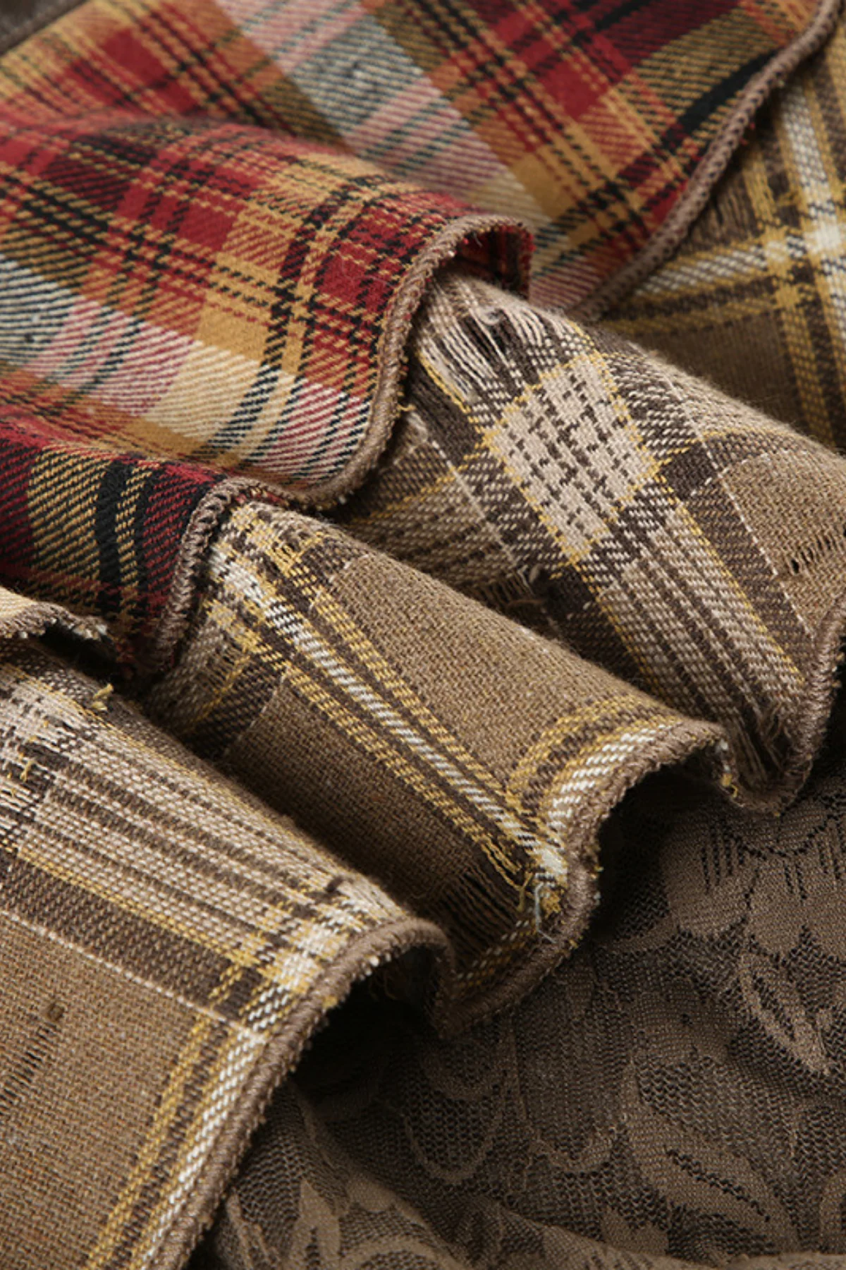 Brown Grid Lace Patchwork Leather Skirt