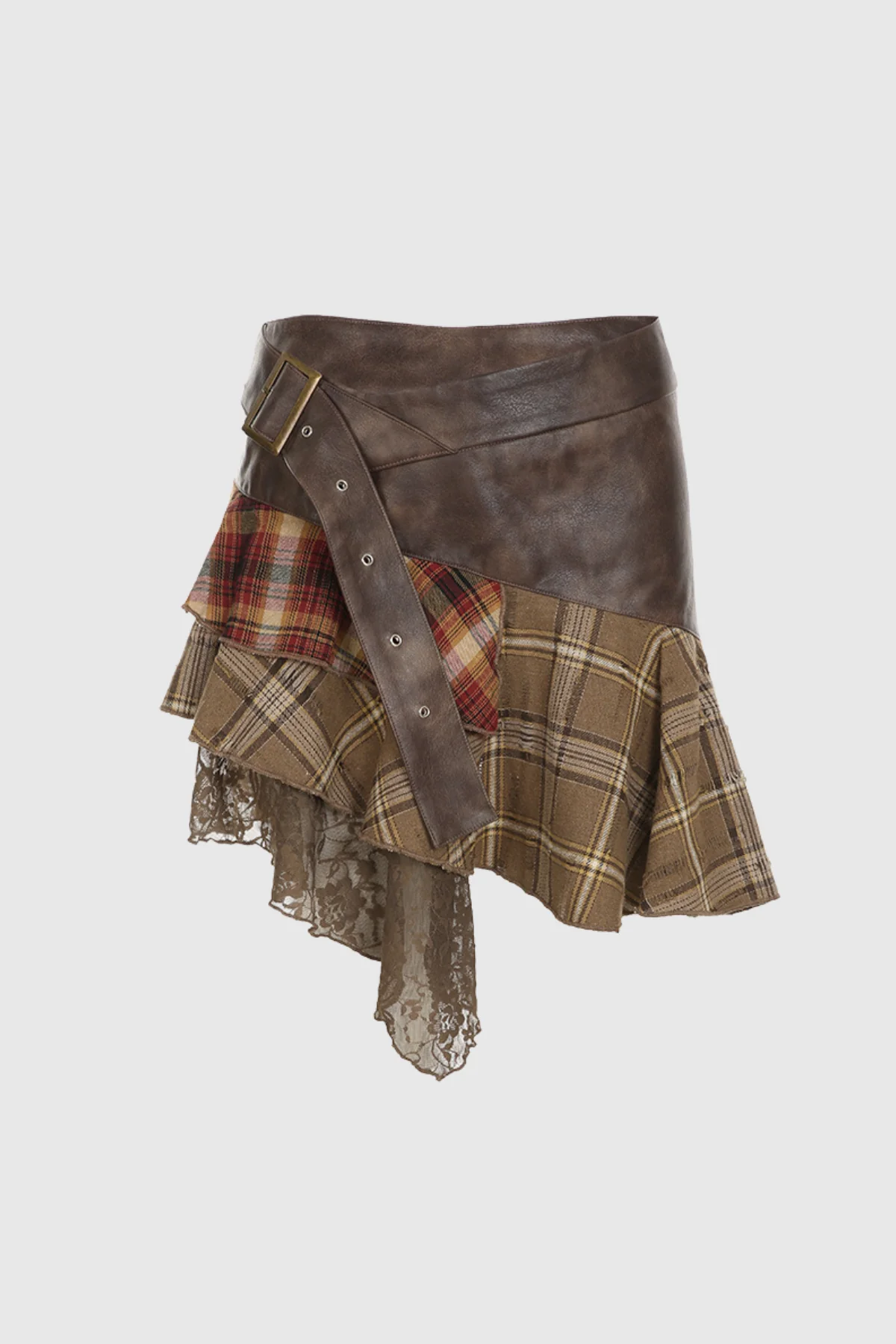 Brown Grid Lace Patchwork Leather Skirt