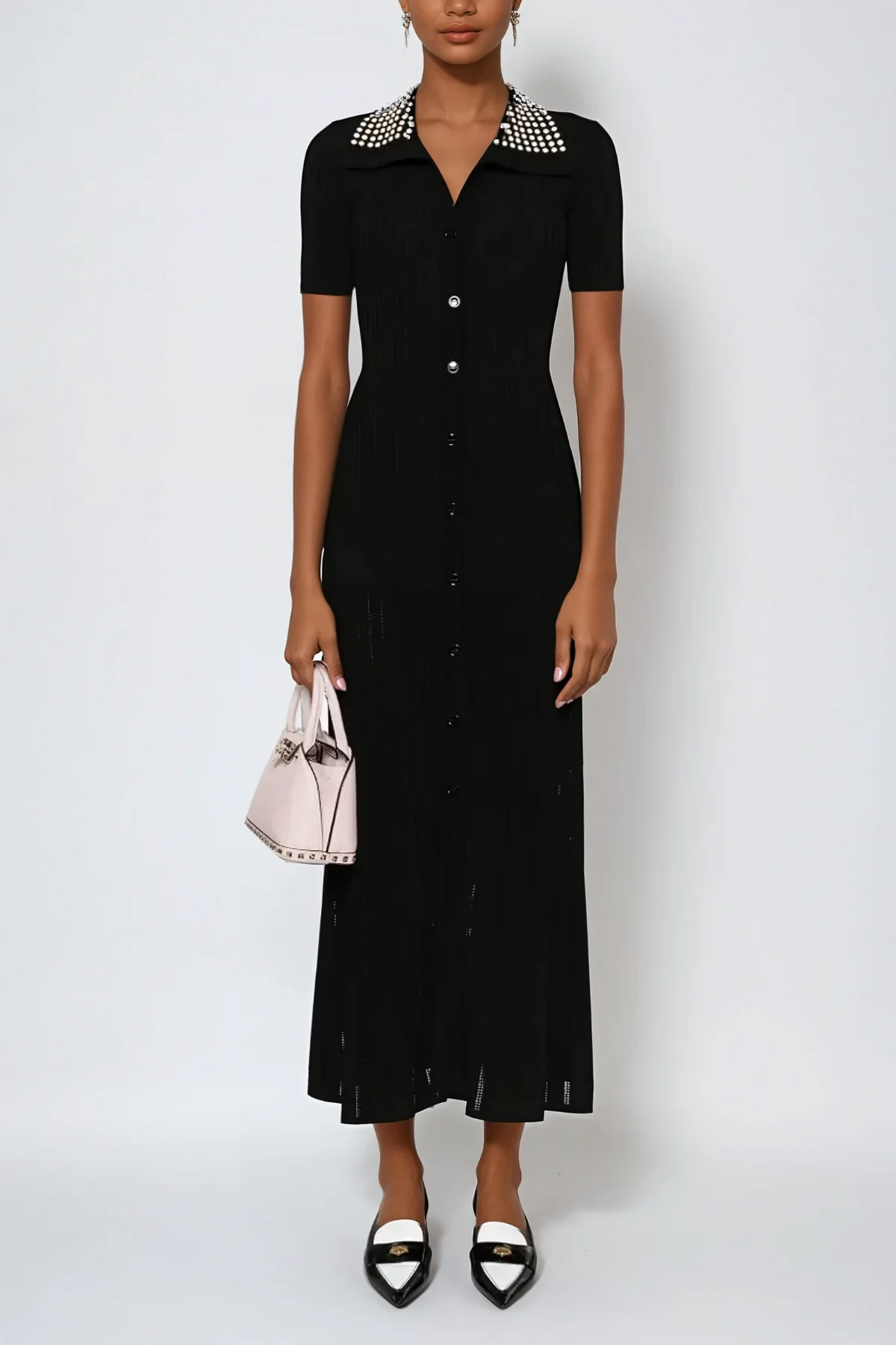 Embellished Lapel Knit Maxi Dress - Elegant Black Chic Style