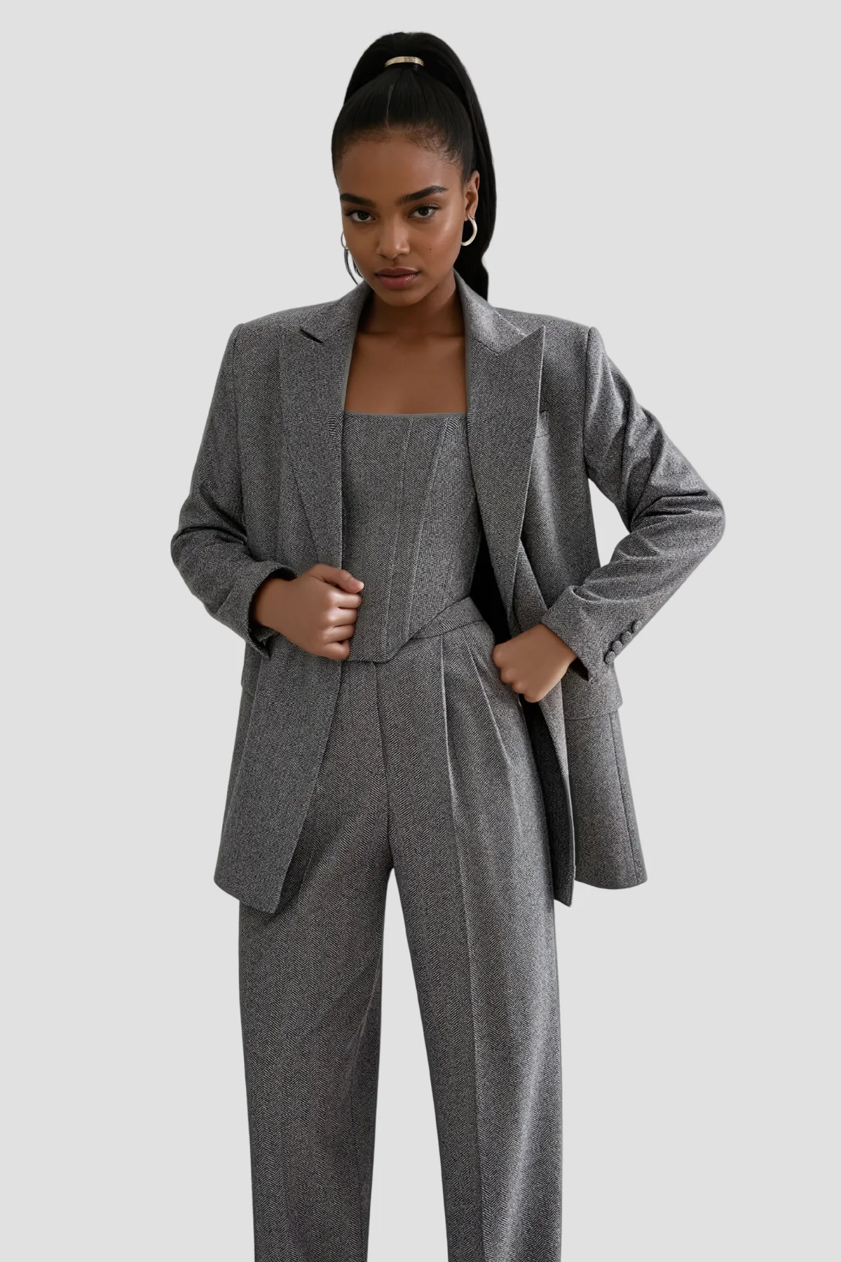Lapel Three-Piece Grey Pants Set