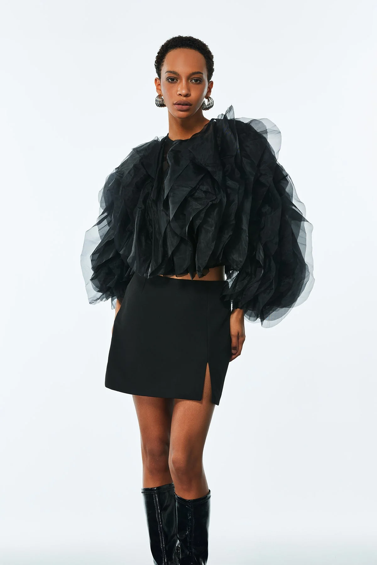 Black Mesh Ruffle Ruched Shirt - Elegant & Versatile Style