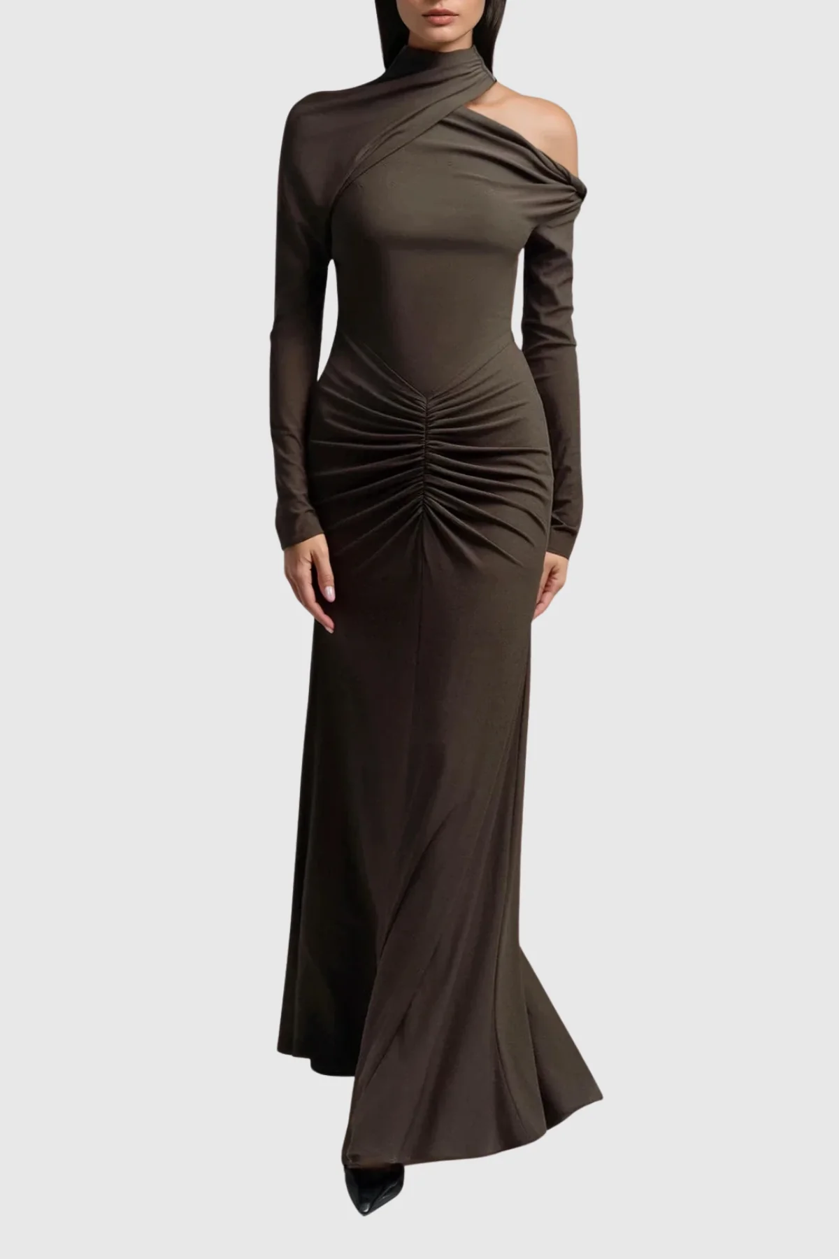 Brown Asymmetric Maxi Dress with Cutout Detail