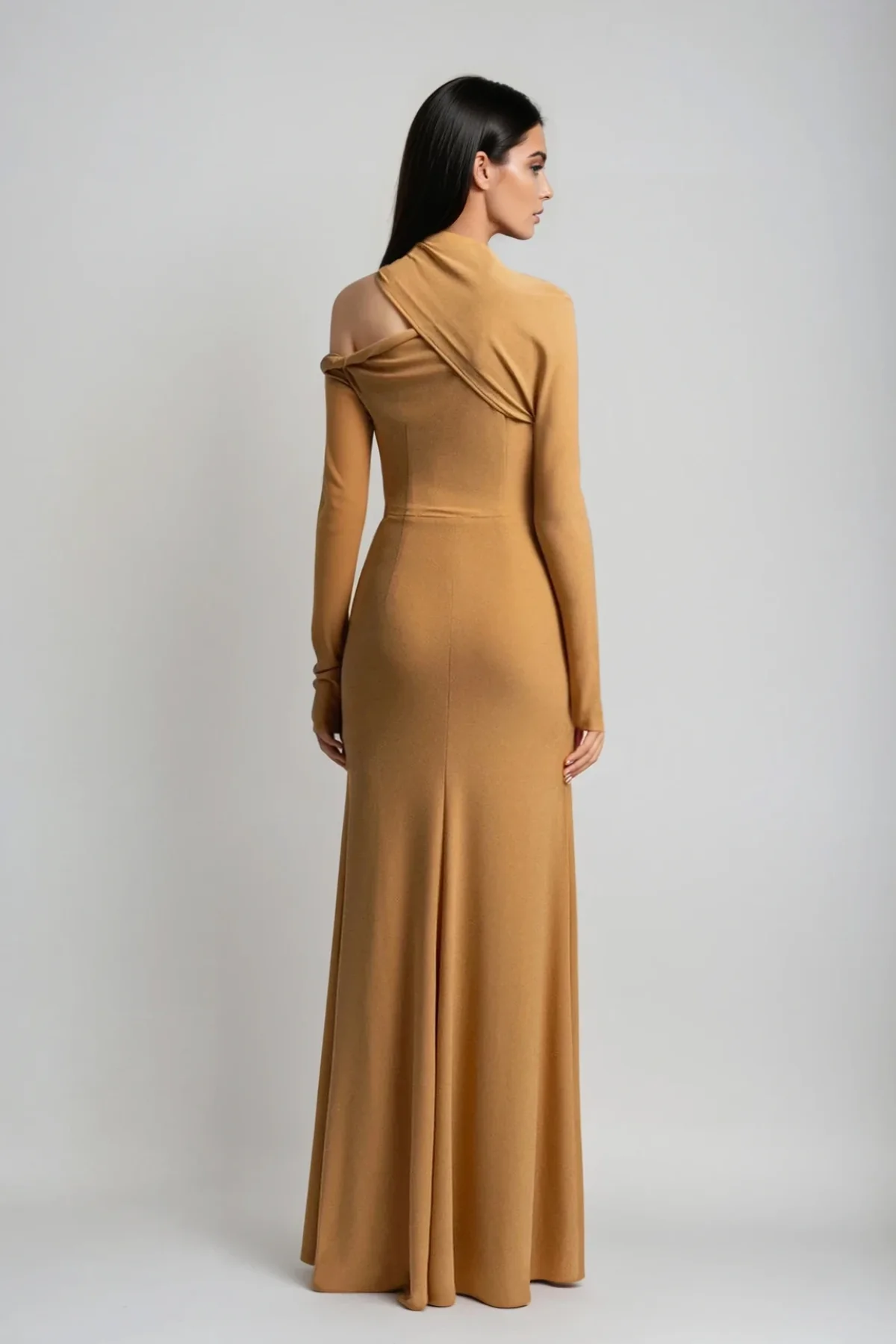 Khaki Ruched Asymmetric Maxi Dress with Cutout Detail