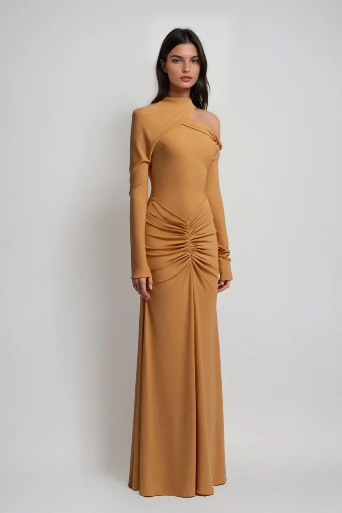 Khaki Ruched Asymmetric Maxi Dress with Cutout Detail