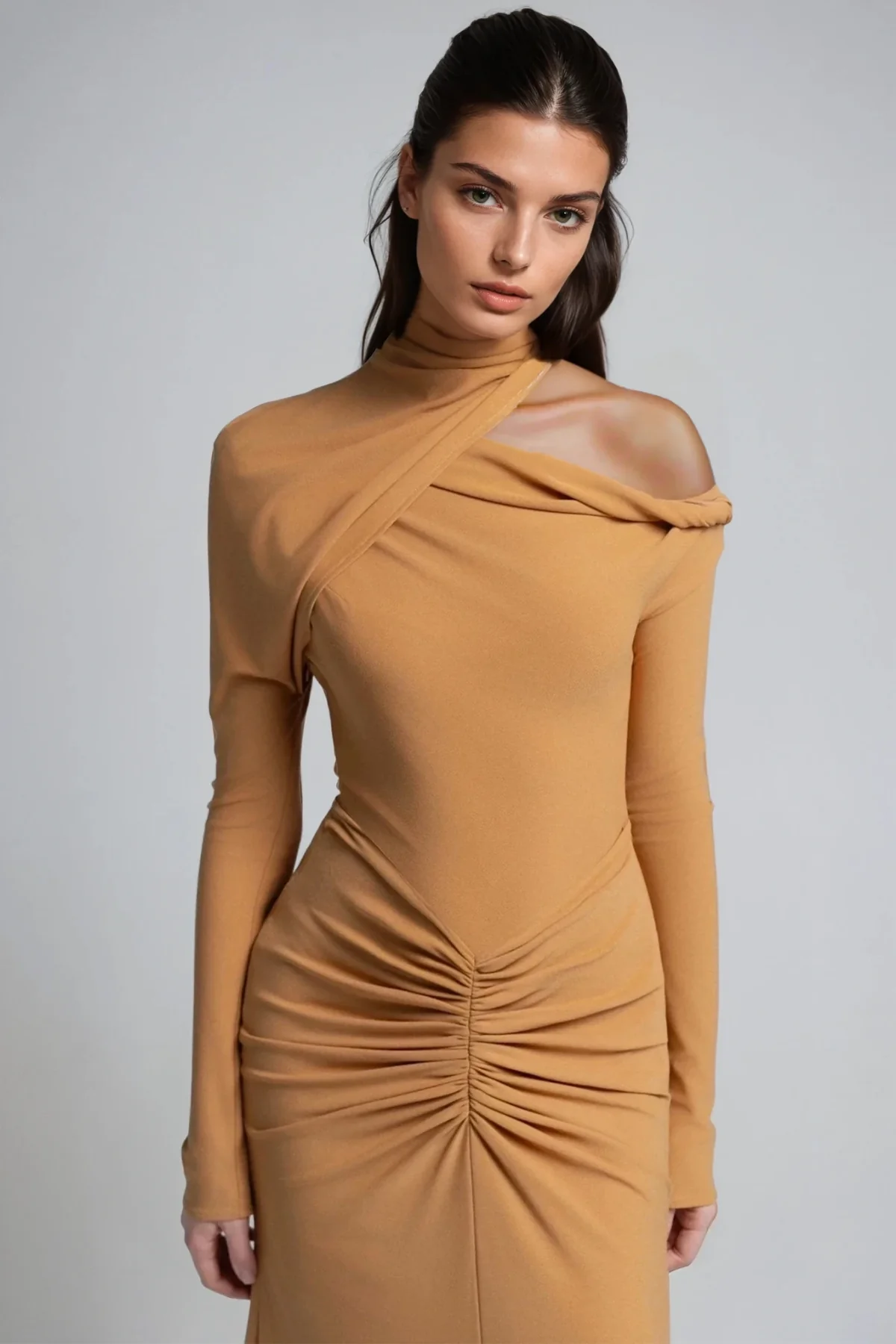 Khaki Ruched Asymmetric Maxi Dress with Cutout Detail