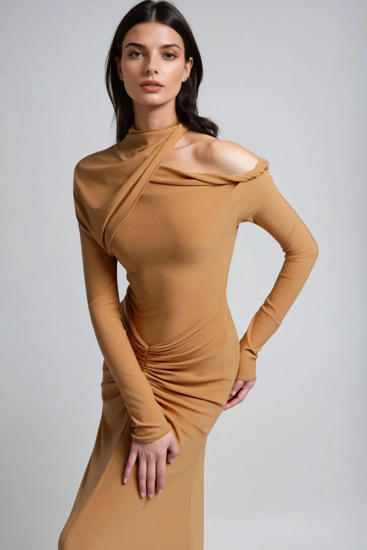 Khaki Ruched Asymmetric Maxi Dress with Cutout Detail