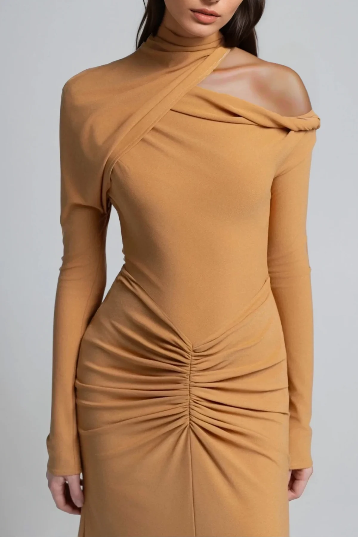 Khaki Ruched Asymmetric Maxi Dress with Cutout Detail