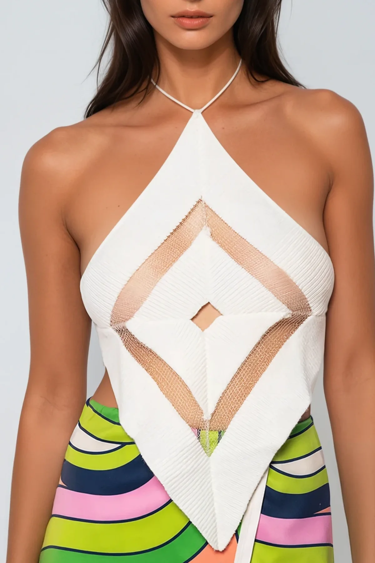 White Knit Halter Neck Top with Cutout Detail