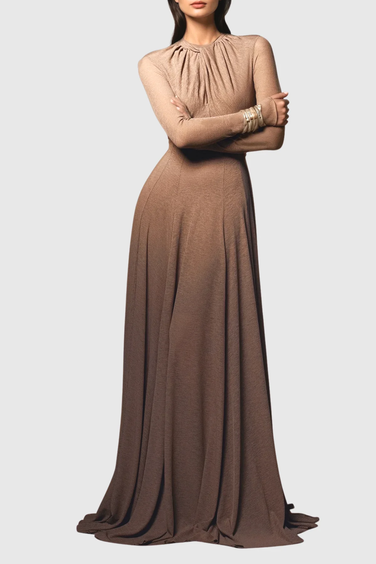 Brown Twisted Long Sleeve Maxi Dress