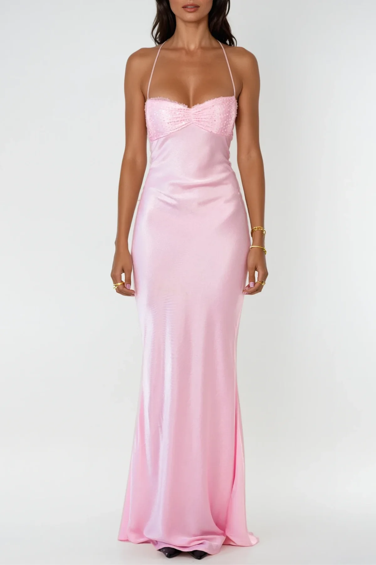 Pink Sequin Satin Maxi Dress - Elegant Halter Neck Design