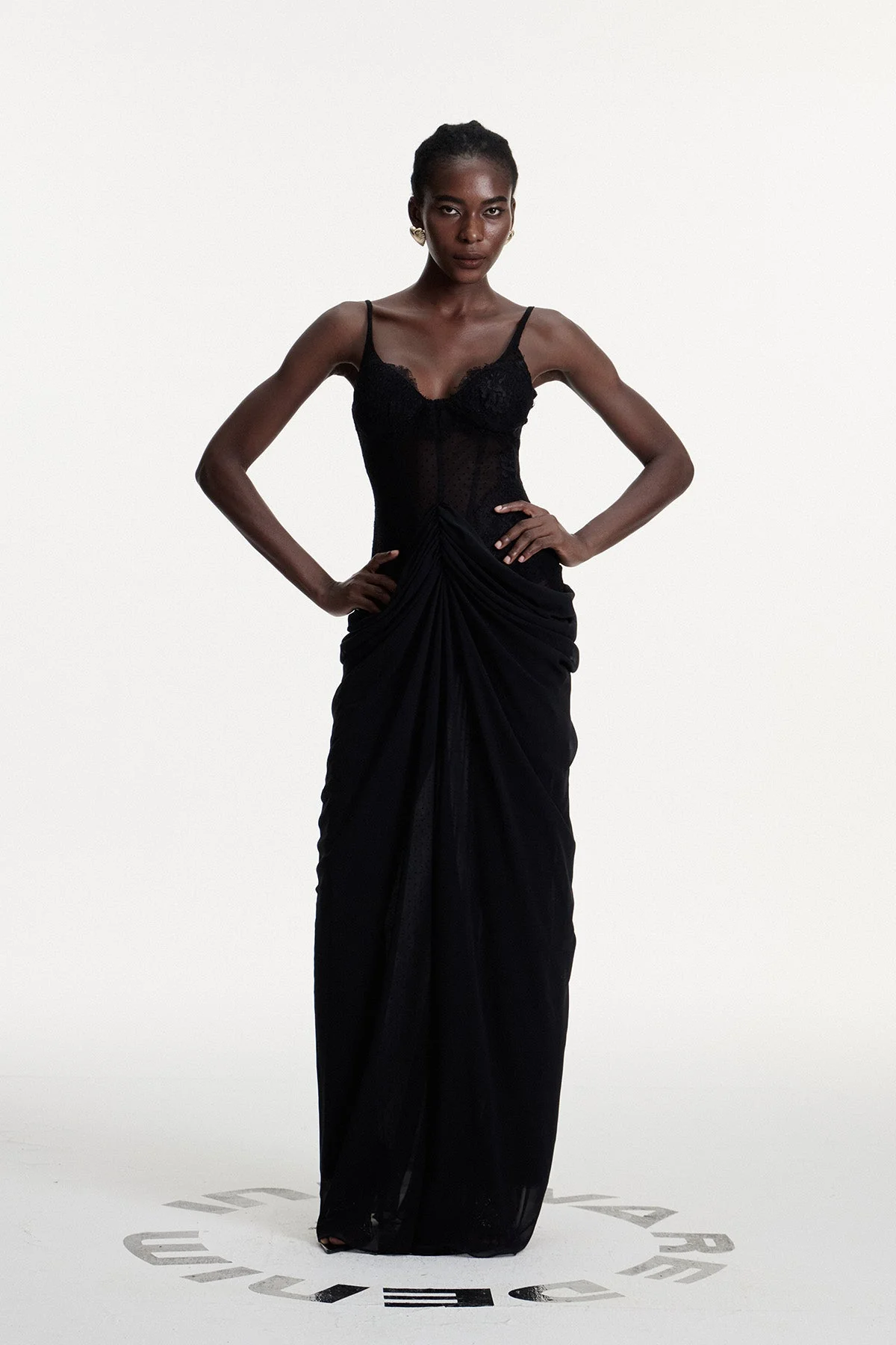 Black Lace Ruch Maxi Dress