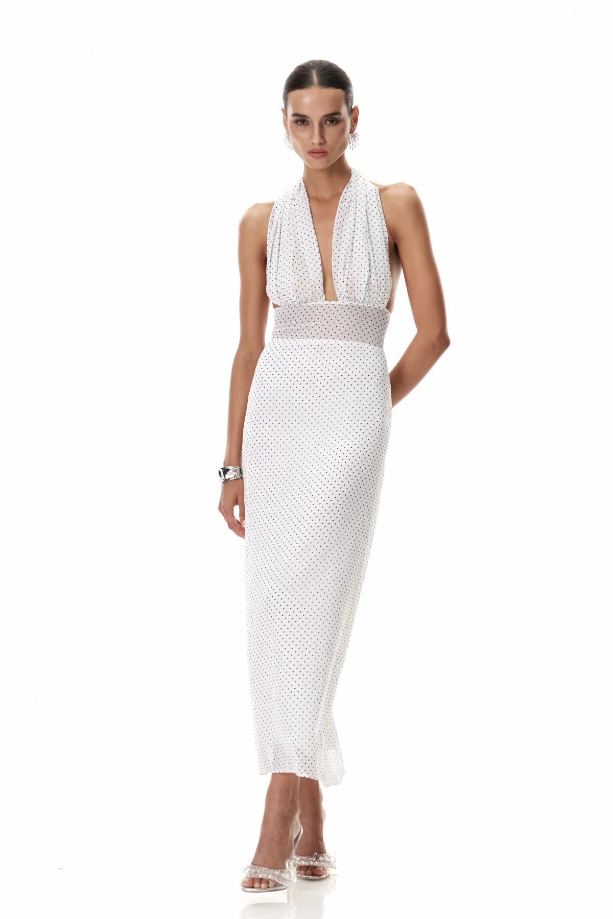 White Polka Dot Maxi Dress with Scarf Detail