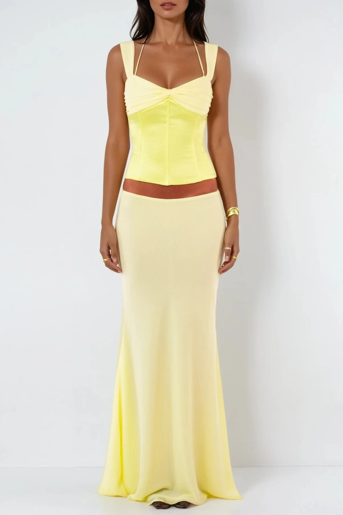 Yellow Lace-Up Bodycon Skirt Set