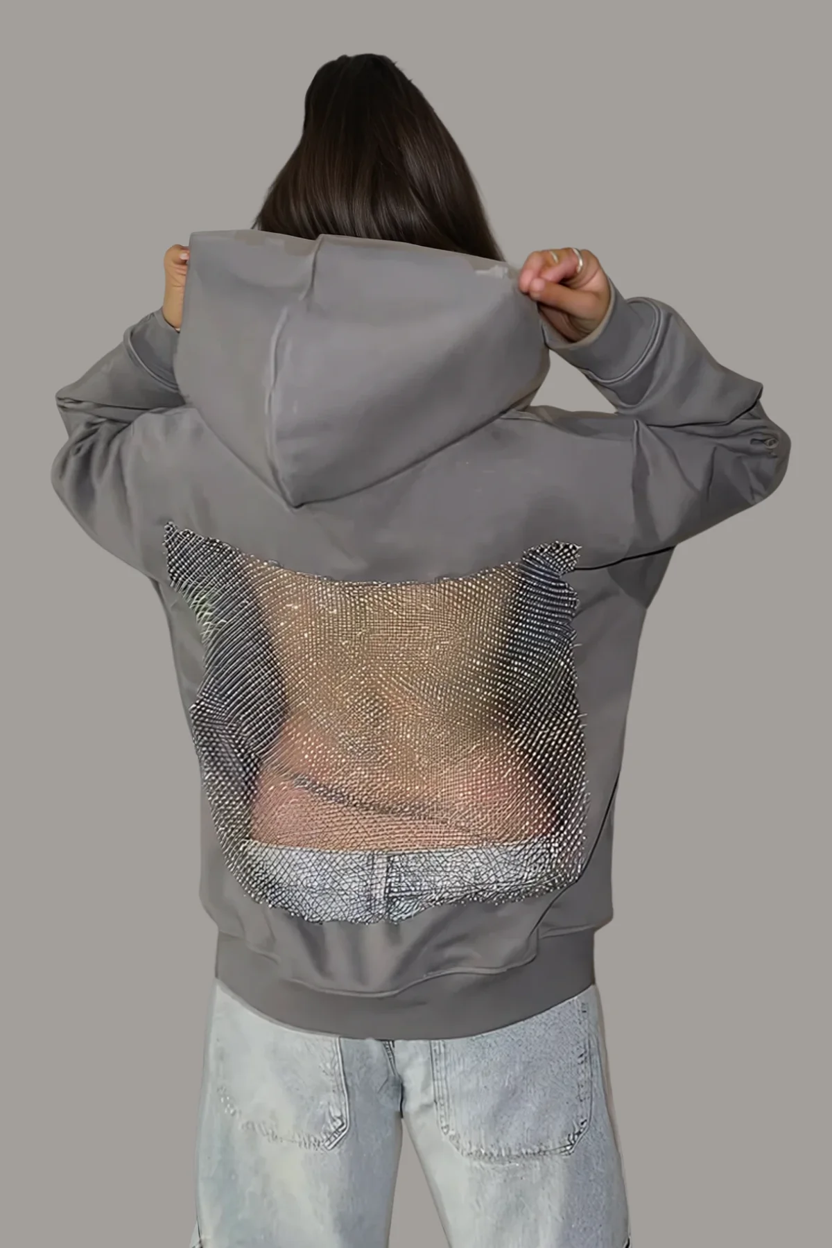 Grey Hooded Rhinestone Mesh Top for Stylish Urban Appeal