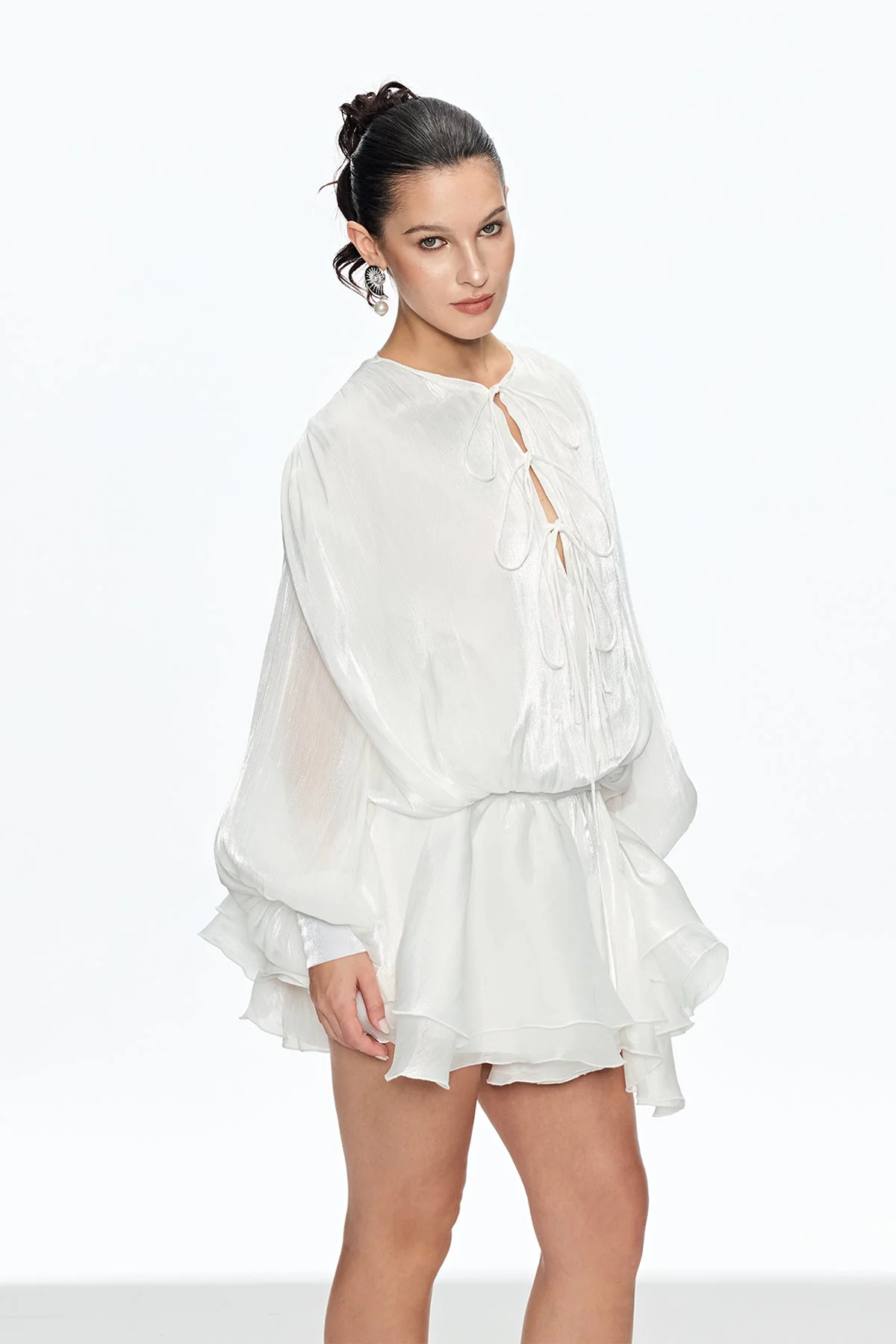 Elegant Ruched Ruffle Mini Dress in White