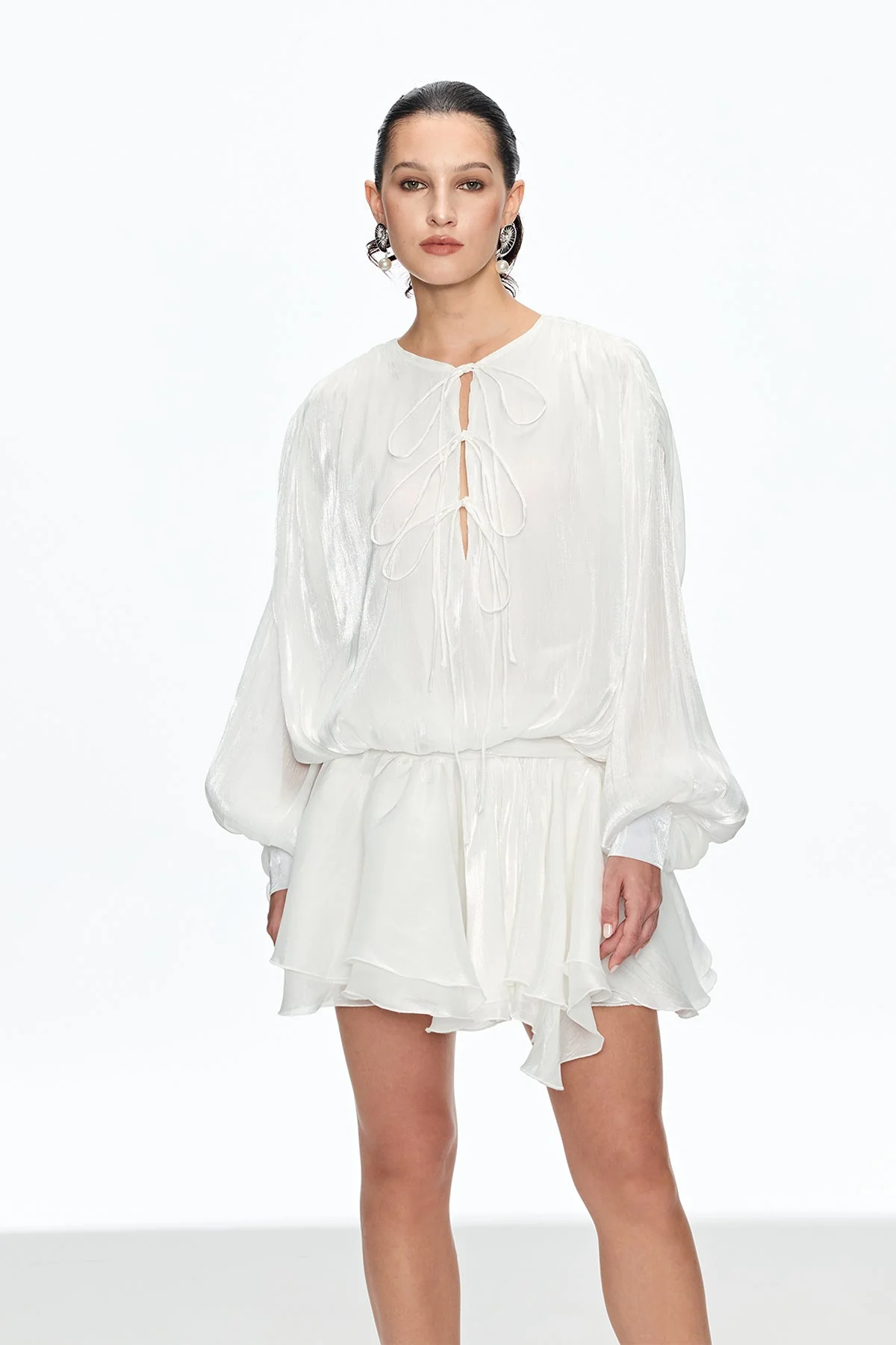 Elegant Ruched Ruffle Mini Dress in White