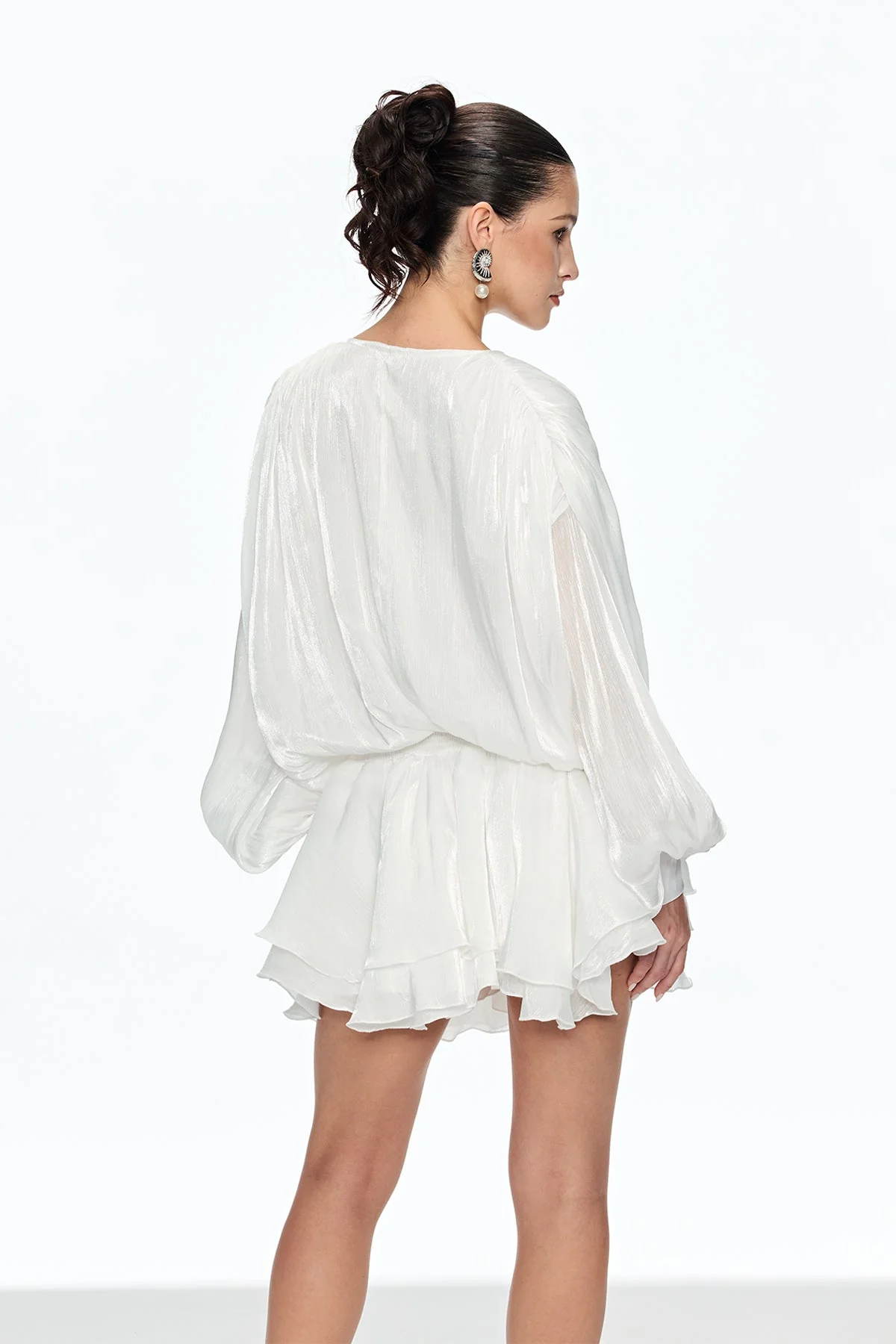Elegant Ruched Ruffle Mini Dress in White