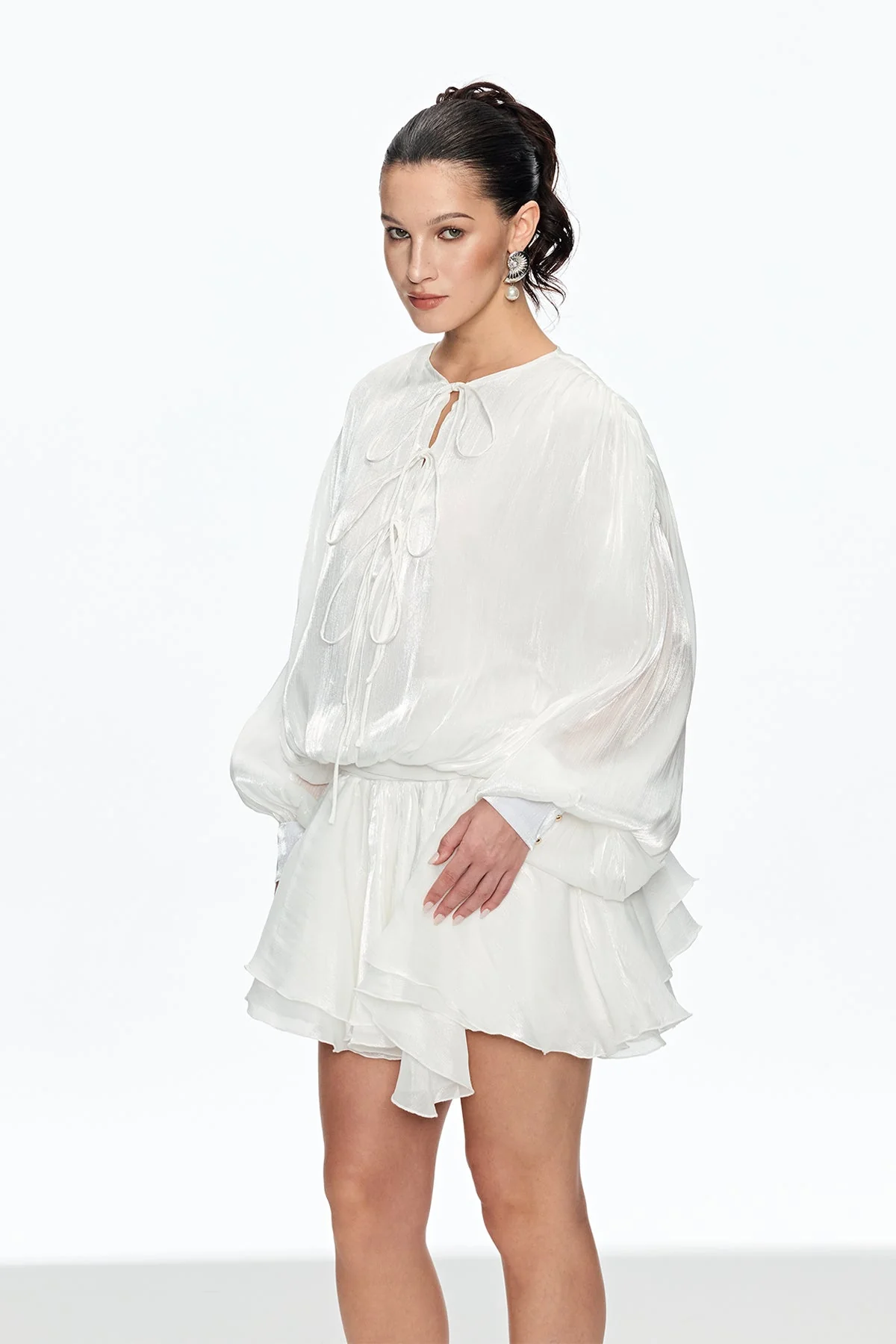 Elegant Ruched Ruffle Mini Dress in White
