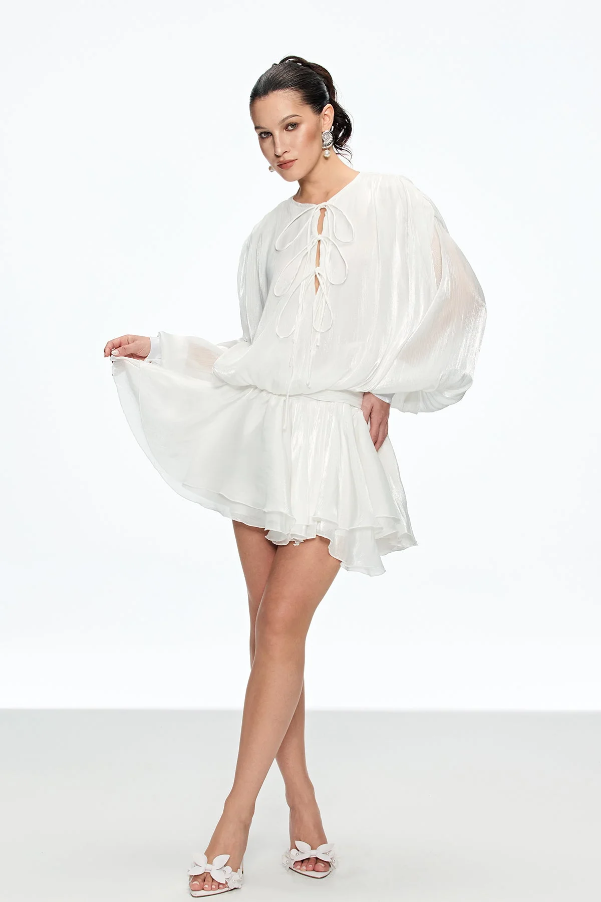 Elegant Ruched Ruffle Mini Dress in White