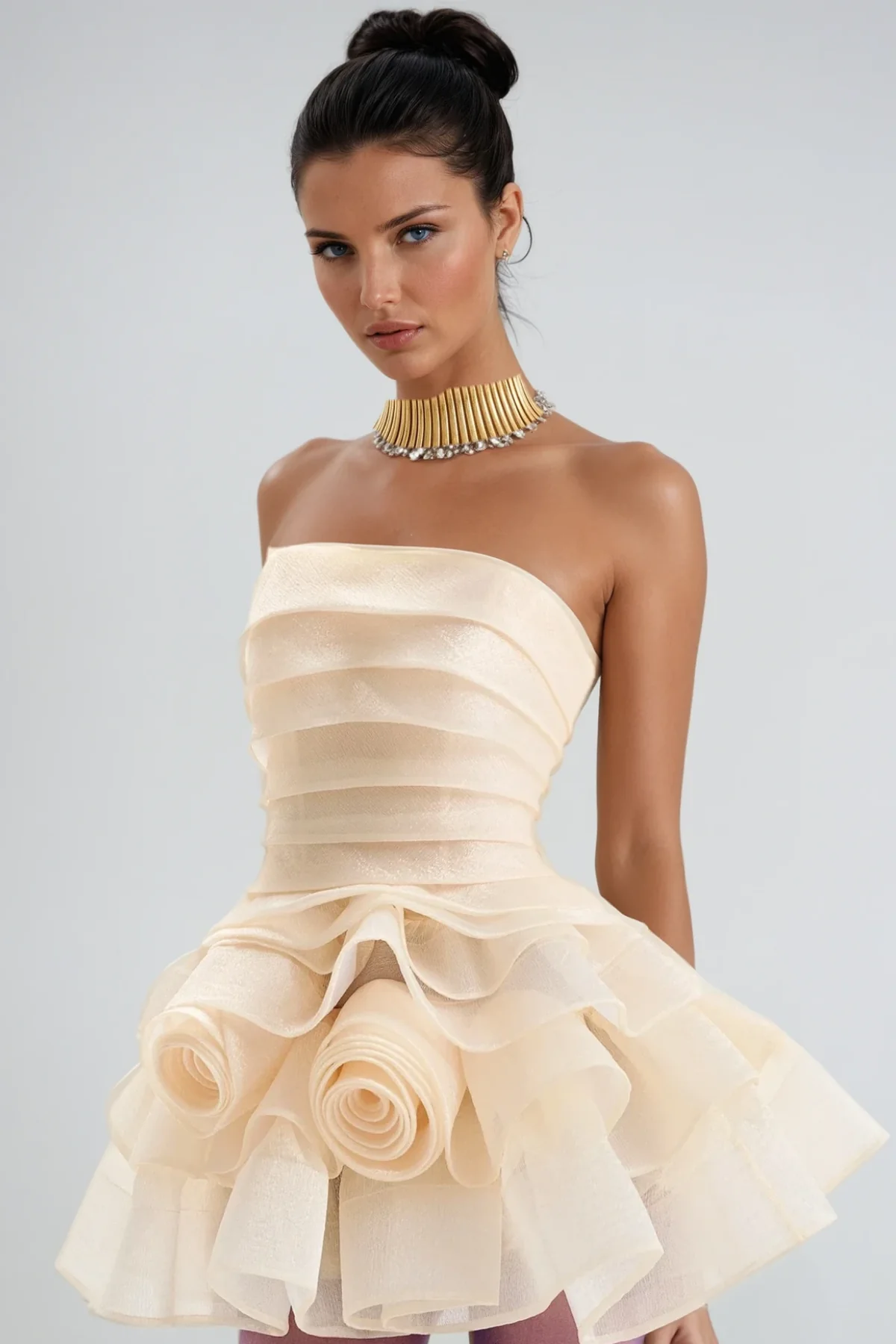 Floral Ruffle Mini Dress - Elegant Strapless Design