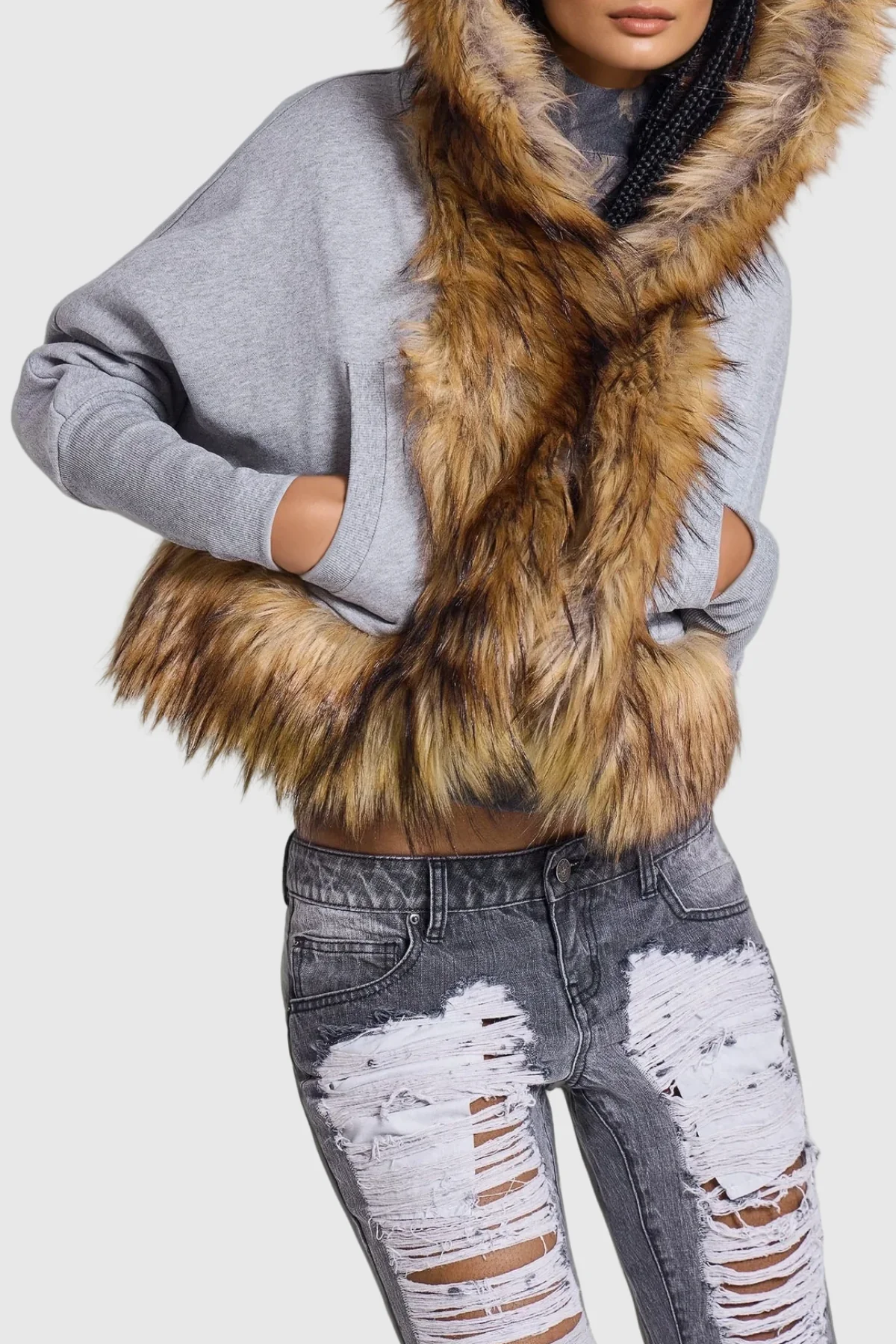 Cozy Grey Faux Fur Hooded Jacket for Women