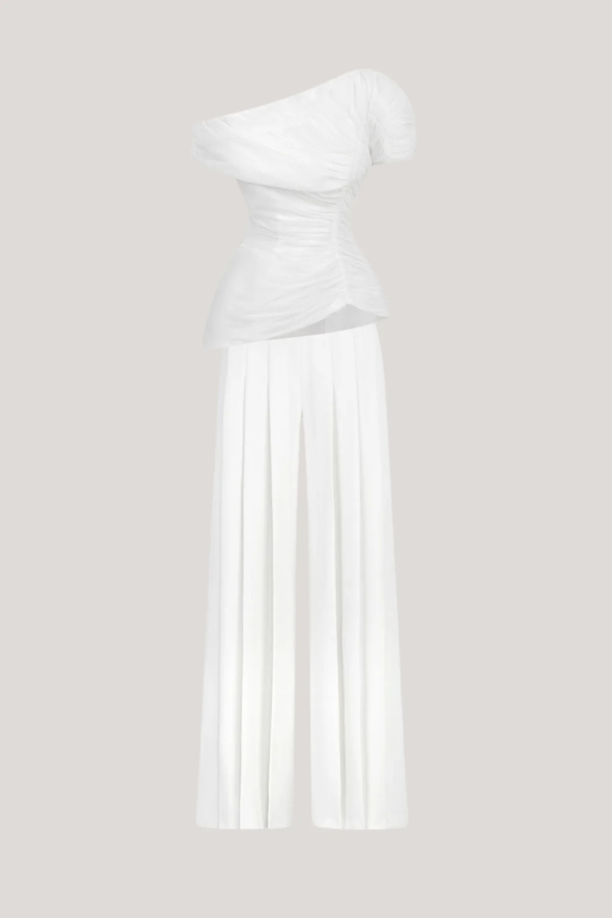 White One Shoulder Pant Set - Sophisticated Contemporary Outfit