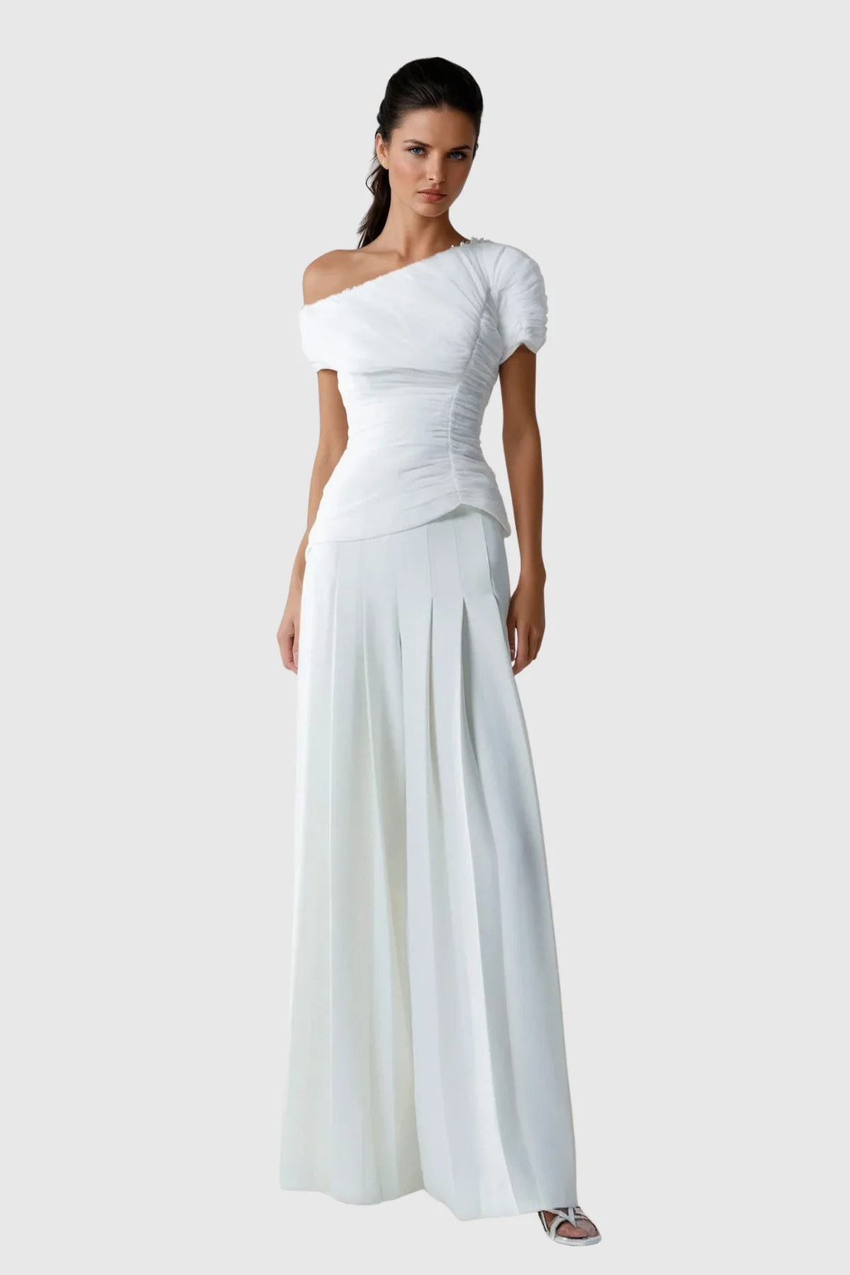 White One Shoulder Pant Set - Sophisticated Contemporary Outfit