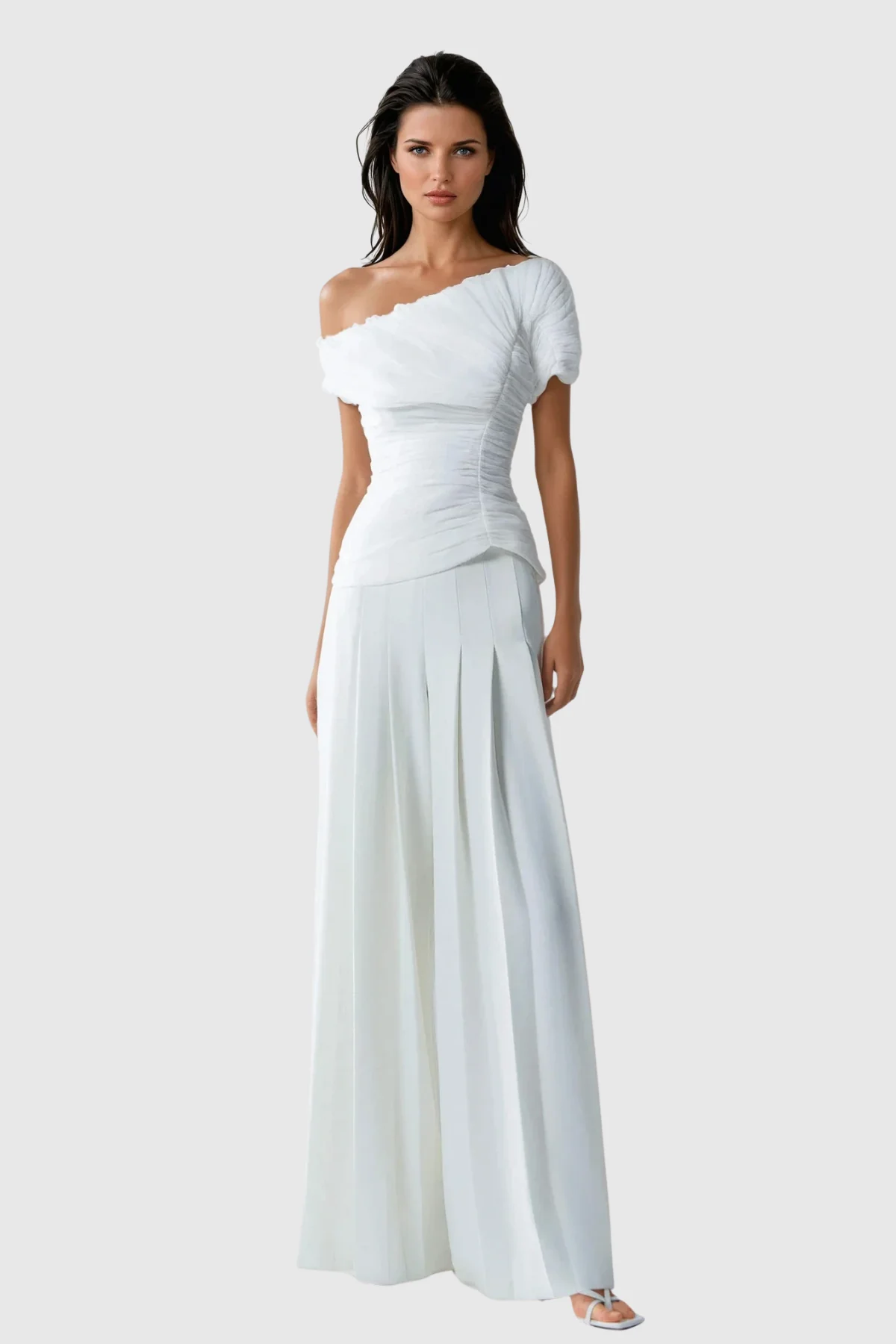 White One Shoulder Pant Set - Sophisticated Contemporary Outfit
